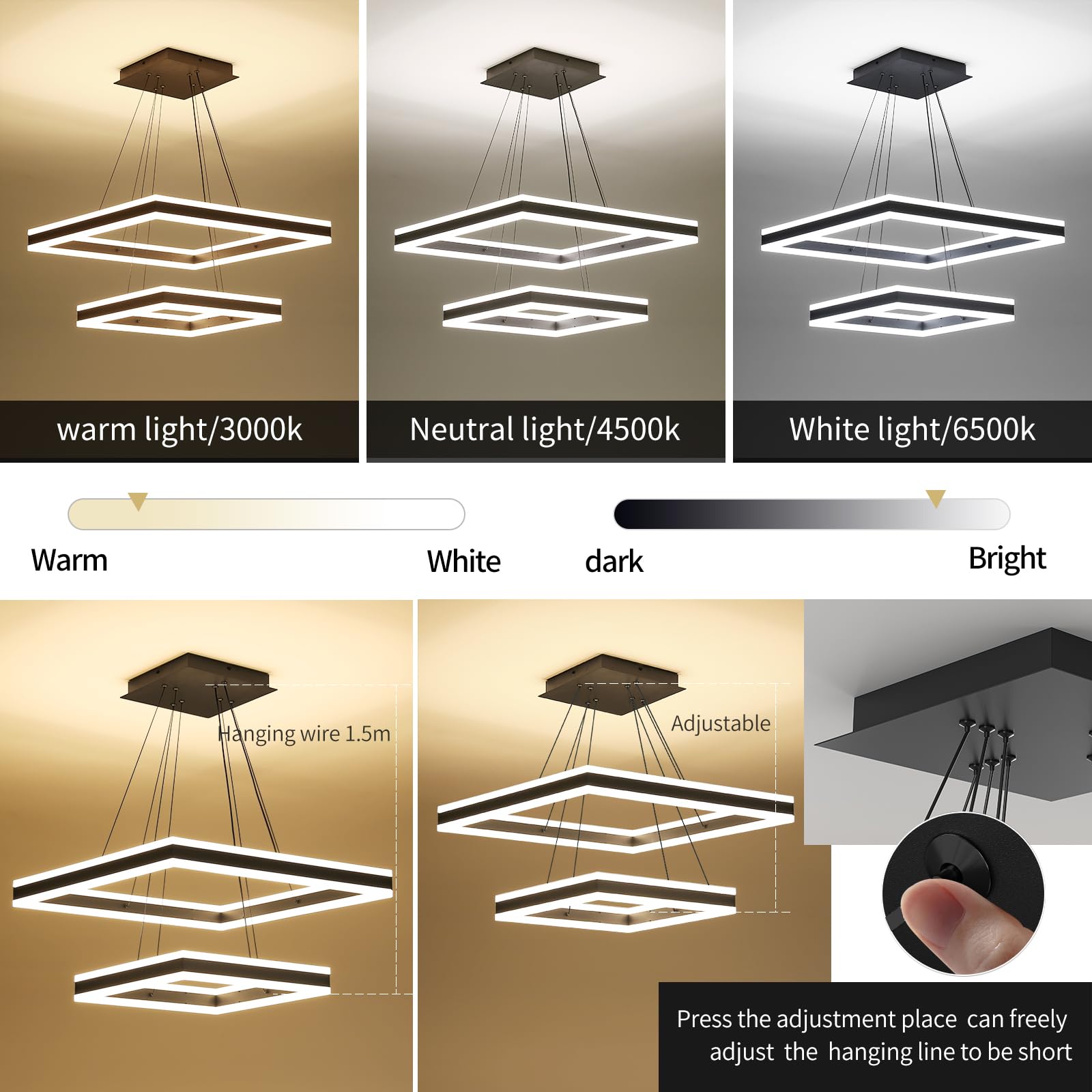 Matven Modern Ceiling Chandelier - Dimmable 3-Color Light Fixture, 15.74in & 23.62in, Black Aluminum Pendant Light for Kitchen