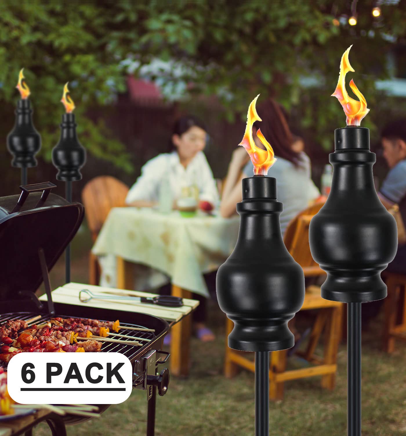 tewei Metal Citronella Torches, 6 Pack, 60In Black Garden Outdoor, Easy to Refill, Model OT-0407