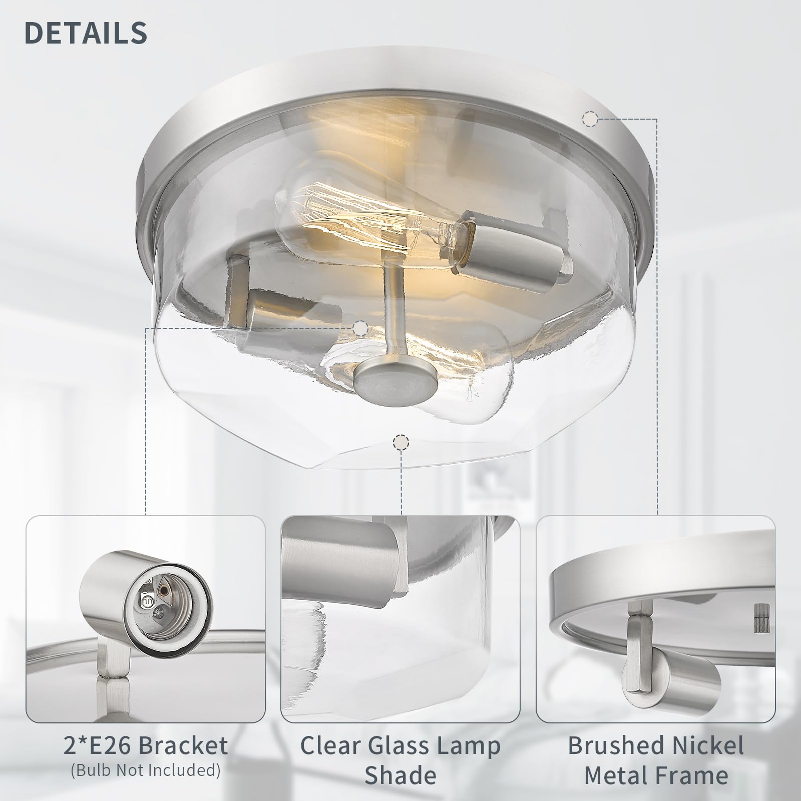 Luminzone Brushed Nickel Flush Mount Ceiling Light, 2-Light Hallway Light Fixtures, Modern Farmhouse Farmhouse Ceiling Light Cle