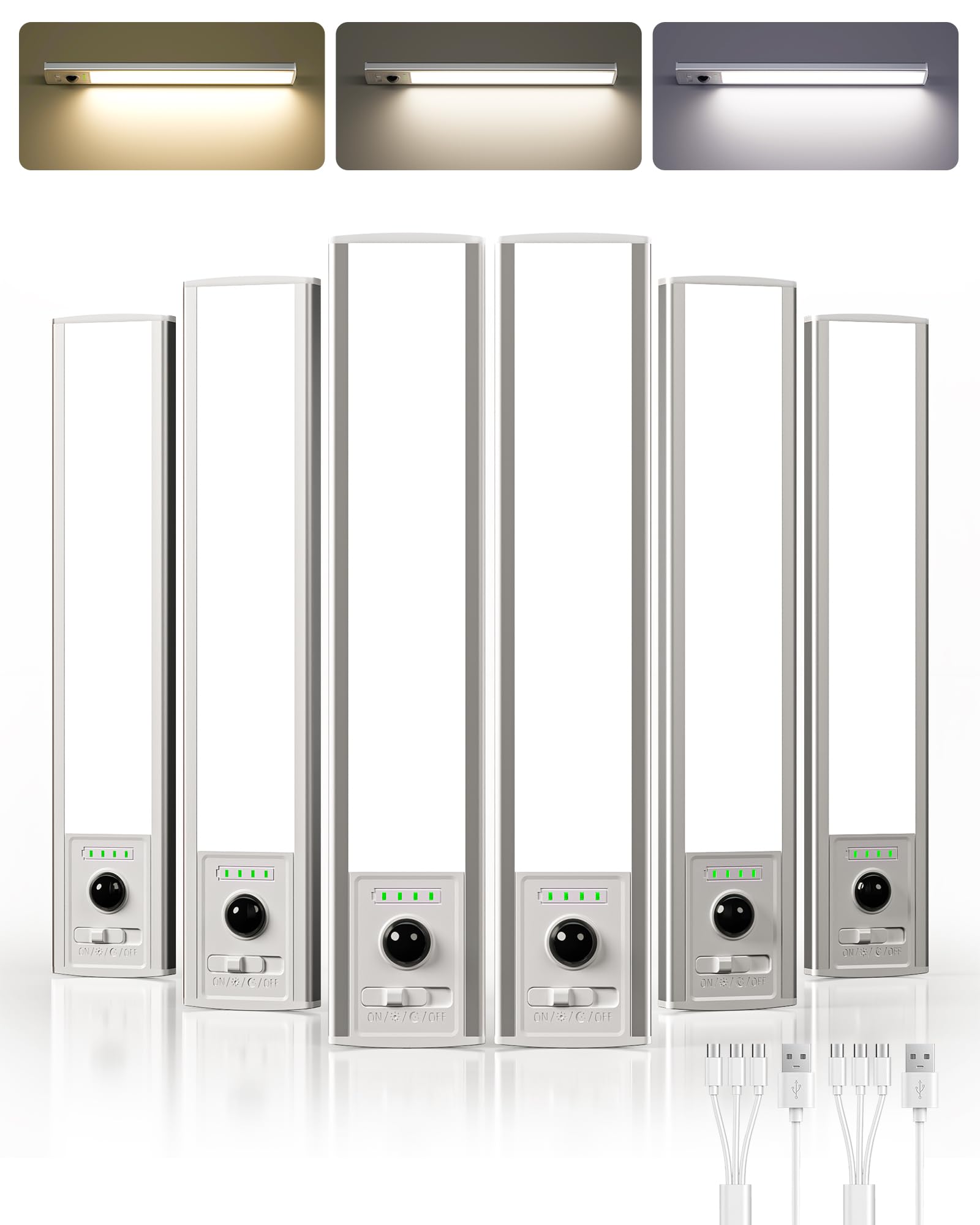 EZVALO Under Cabinet Lights, 6 Pack Rechargeable Motion Sensor Light Indoor, Closet Lights with Battery Indicator, 3 Color Temps