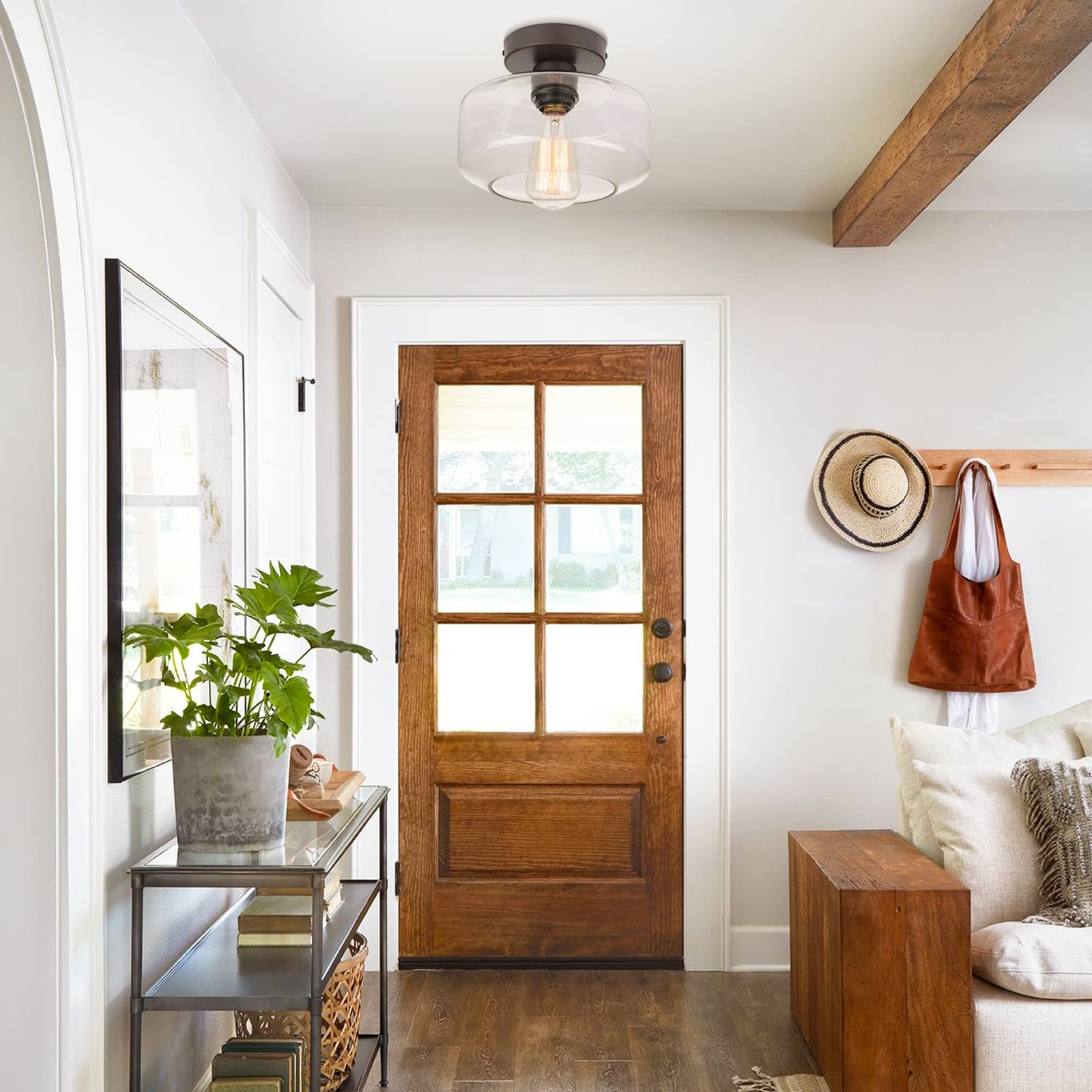 Maxvolador Industrial Semi Flush Mount Ceiling Light Brown, Clear Glass Pendant Lamp Shade, Farmhouse Lighting For Hallway, Hang