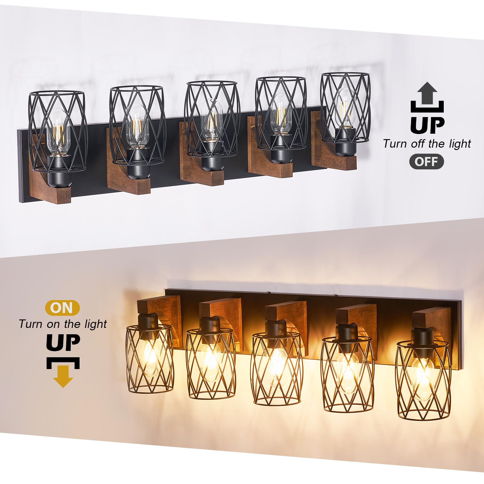 RVONOW 5-Light Bathroom Vanity Light, Black Metal Cage Shade, Rustic Wood Fixture, Model B219-074-05-BK