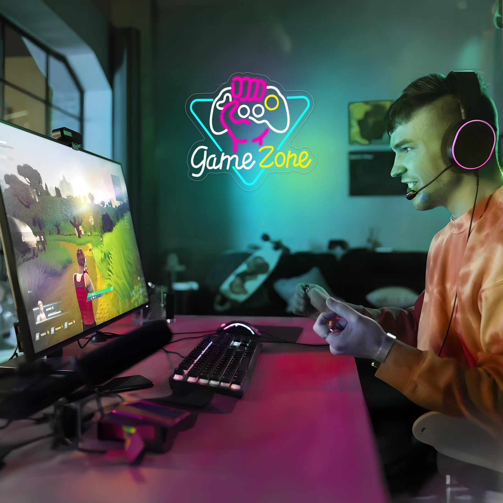 Basaneon Neon Sign for Gamers, Dimmable LED Light, 15.3in x 12.5in, USB Powered, B-Game Zone, Model ZF-Game Zone