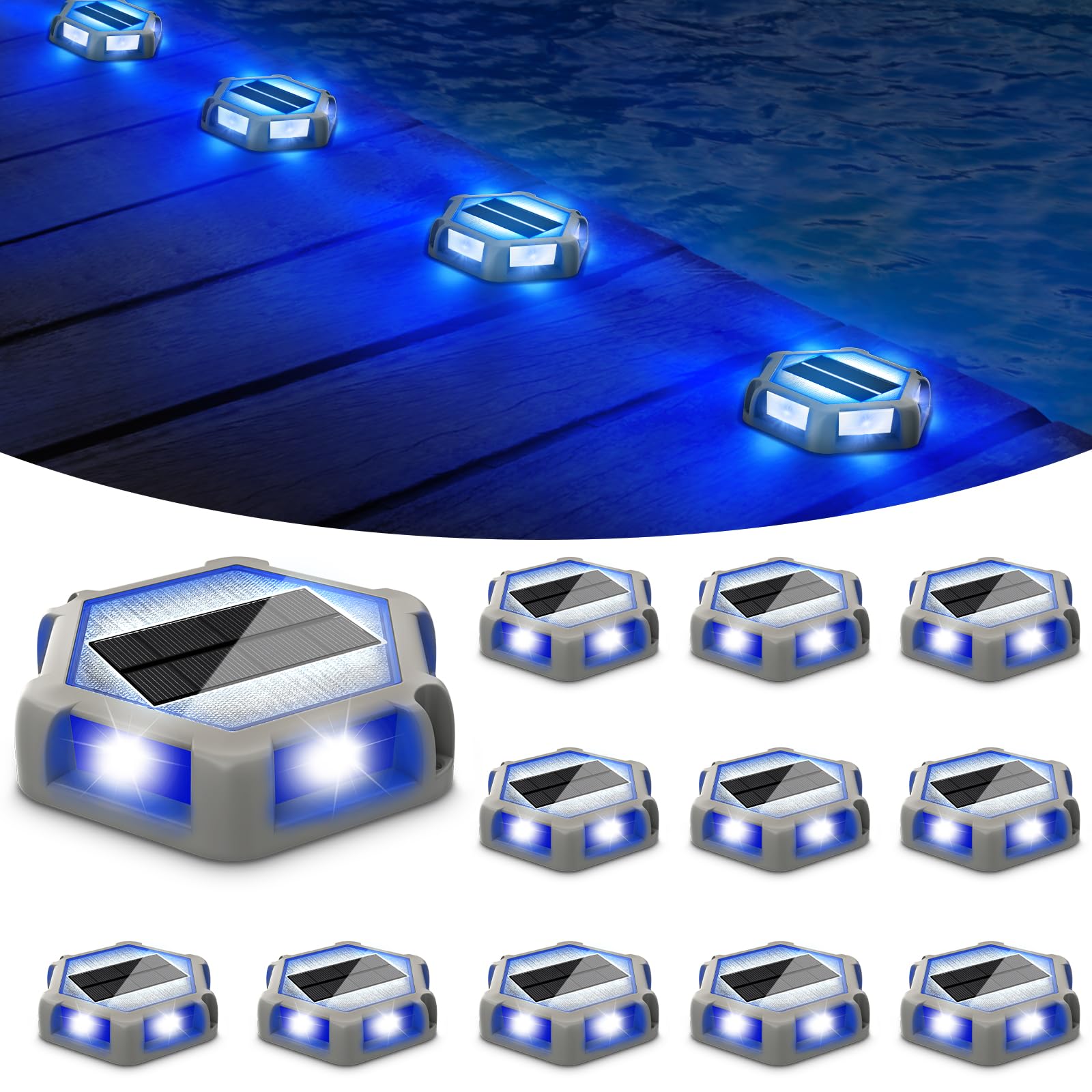 T-SUN Solar Driveway Lights Outdoor 12 Pack  Waterproof Deck Lights LED Blue Driveway Marker Light for Step Garden Sidewalk Stair Ground Pathway