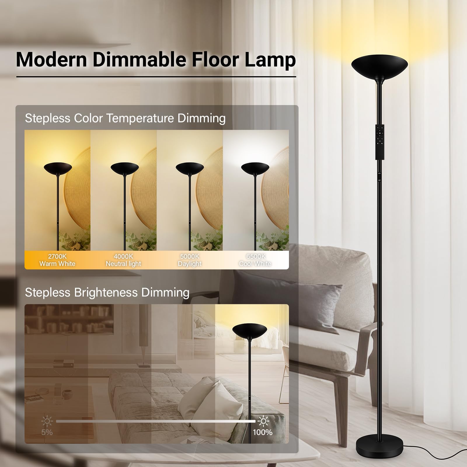 Boostarea Dimmable Floor Lamp,30W 3000Lm Super Bright Led Torchiere Standing Lamp With Remote & Touch Control,71 In Tall Pole Sk