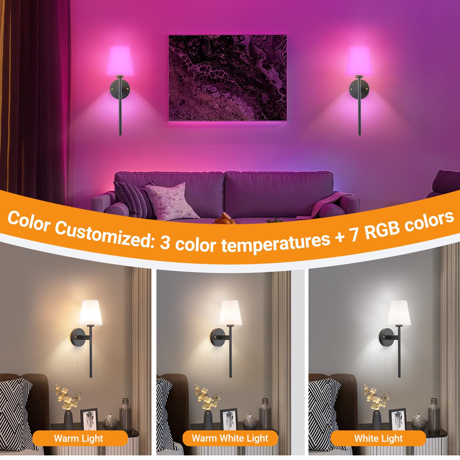 Nekhung Battery Operated Wall Sconces Set of 2, 21" Black Metal, RGB Rechargeable Bulb with Remote Control, No Electrician Required