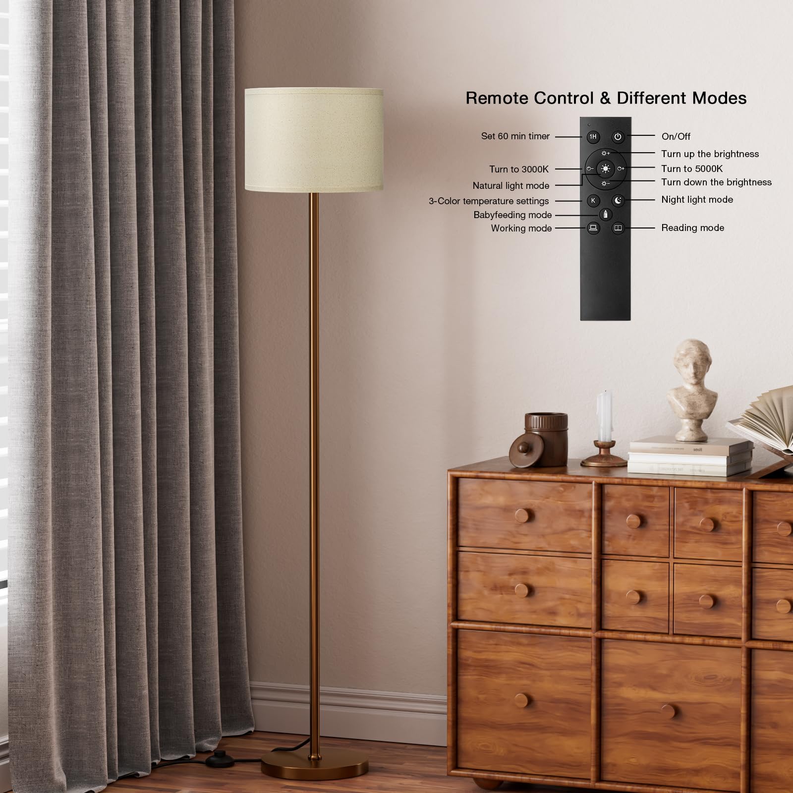 Ambimall Floor Lamp with Remote Control, Stepless Dimmable, 60 inches, Metal, Beige & Brown, Model RPT-ZGB125