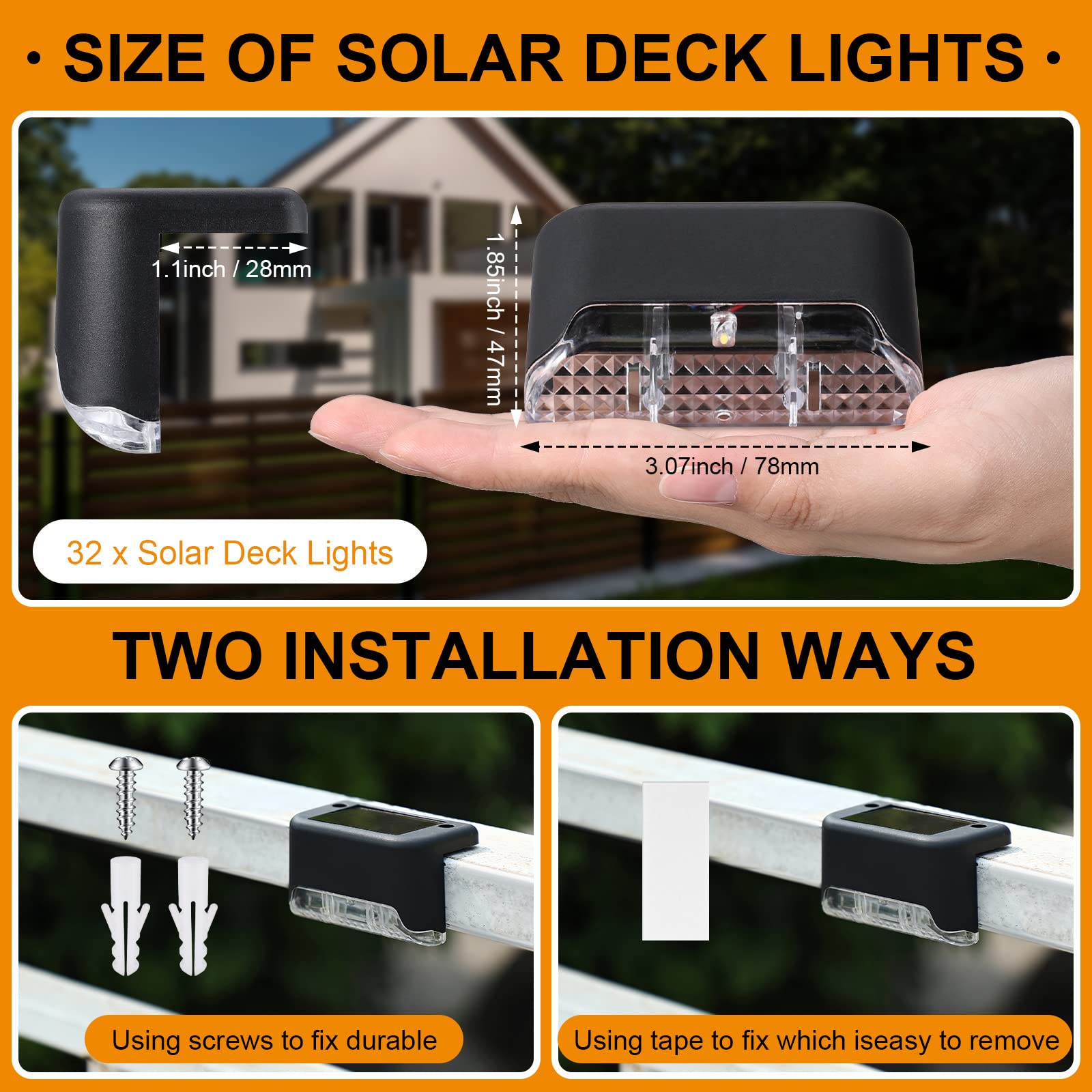 Geelin 32 Pcs Solar Deck Lights, Waterproof LED Step Fence Lights, Black Shell, Warm White Light, Model HOD-Geelin-055