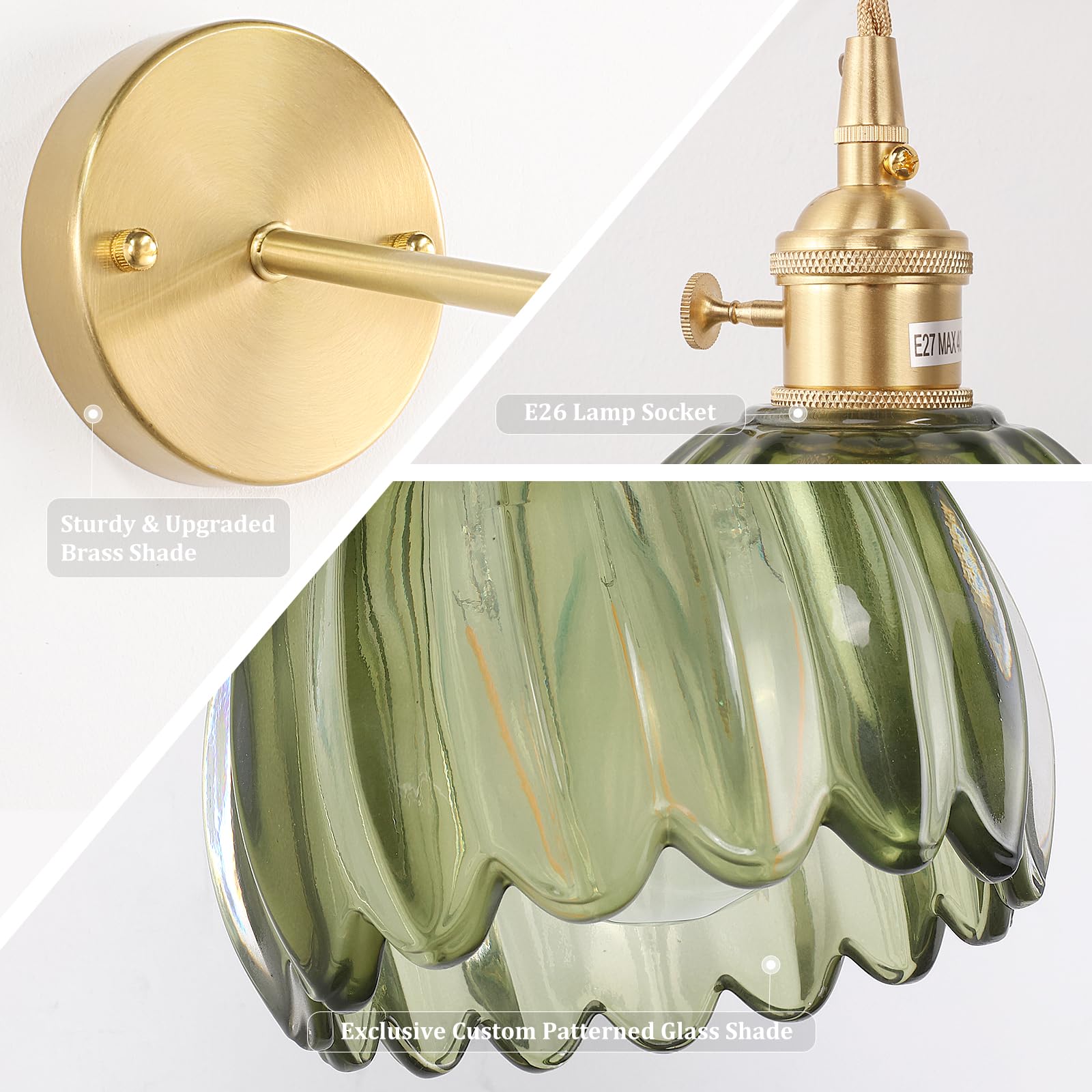 Shenmoyl Vintage Wall Sconce Wall Lamp Green Tulip Shade Pattern Glass Adjustable Chain Retro Gold Wall Mounted Light, Wall Lamp Fixtures Decor For Bedside Bedroom Indoor Doorway