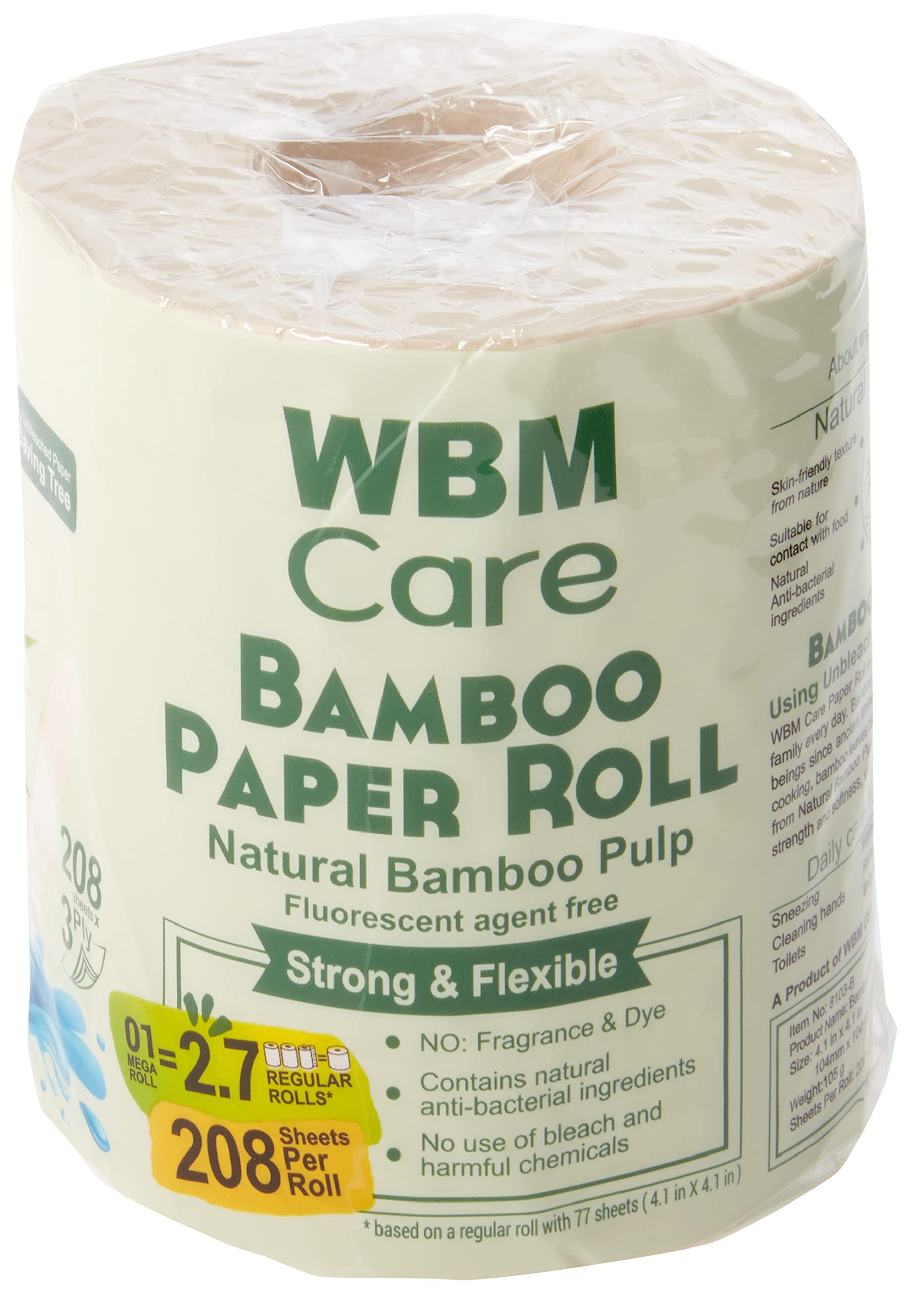 Elvissmart Natural Babmboo Toilet Paper Roll-3 Ply, 10 Count, Bamboo, 10 Count