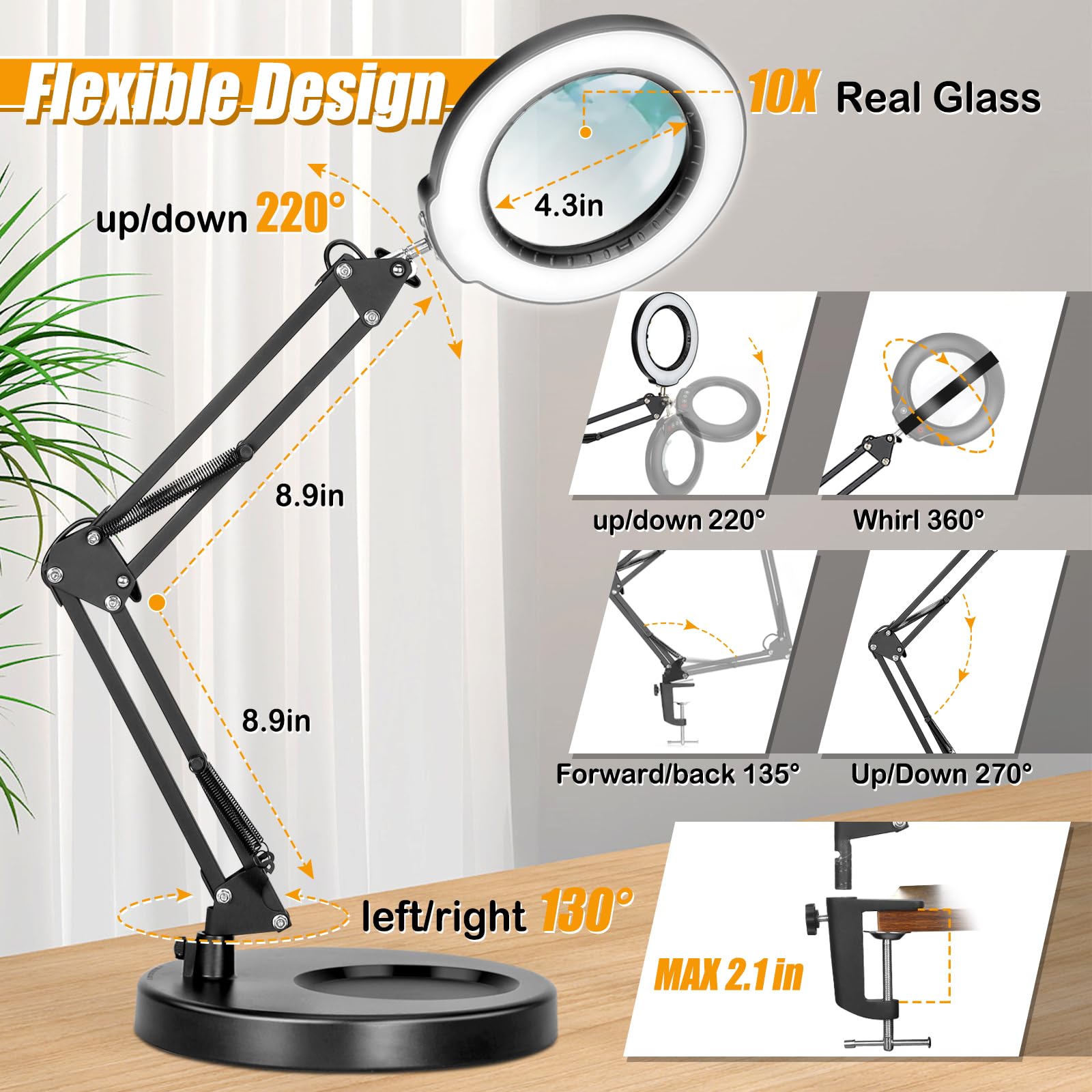 Ivmaie 10X Magnifying Glass With Light And Stand, 2-In-1 Lighted Magnifier With Clamp, 5 Color Modes Dimmable Led Desk Lamp Hands Free For Painting Craft Jewelry Sewing Hobby Model Close Work