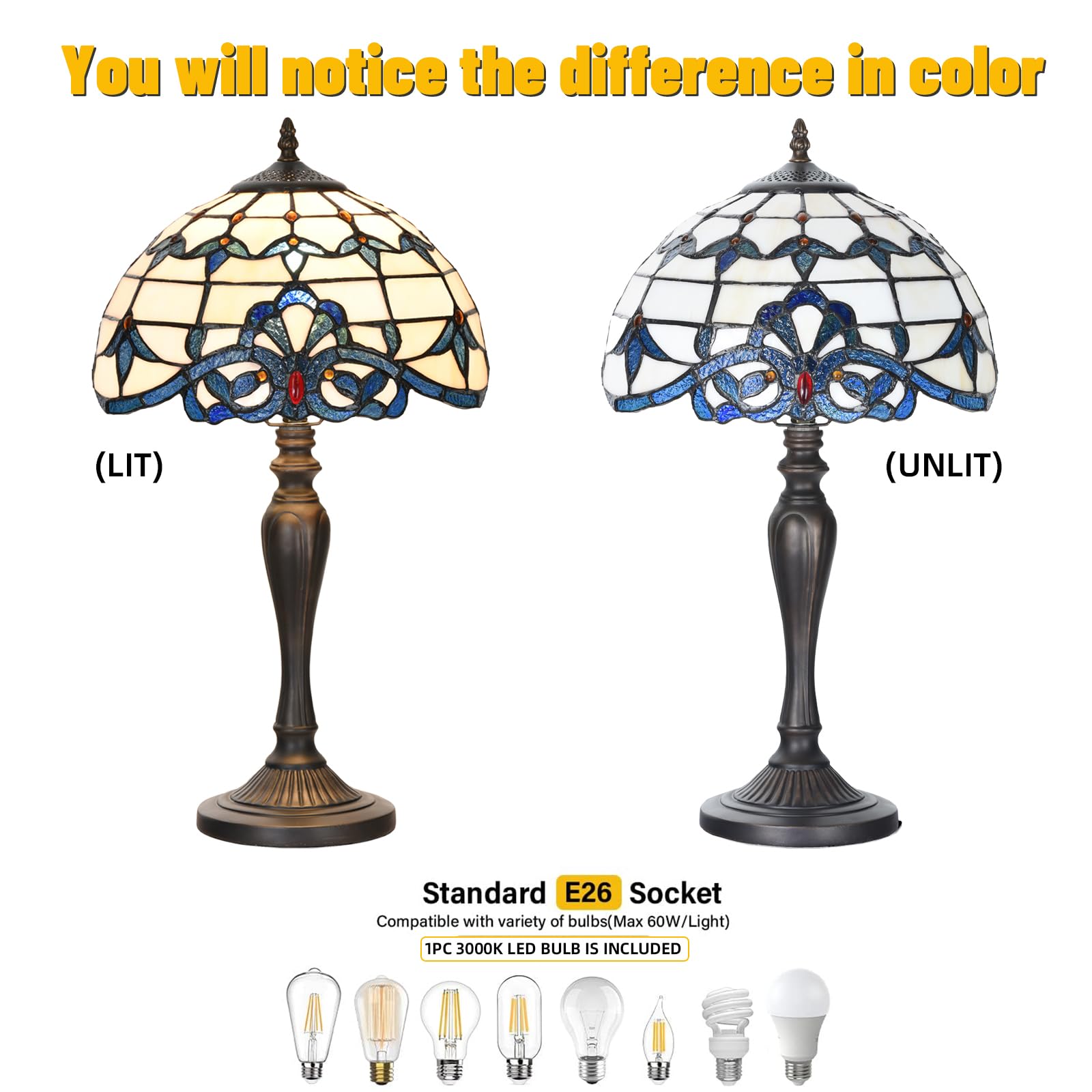 Homebeauty Tiffany Table Lamp Bedside Stained Glass Lamp Blue Baroque Reading Desk Light 12X21.5 Inches For Bedroom Living Room