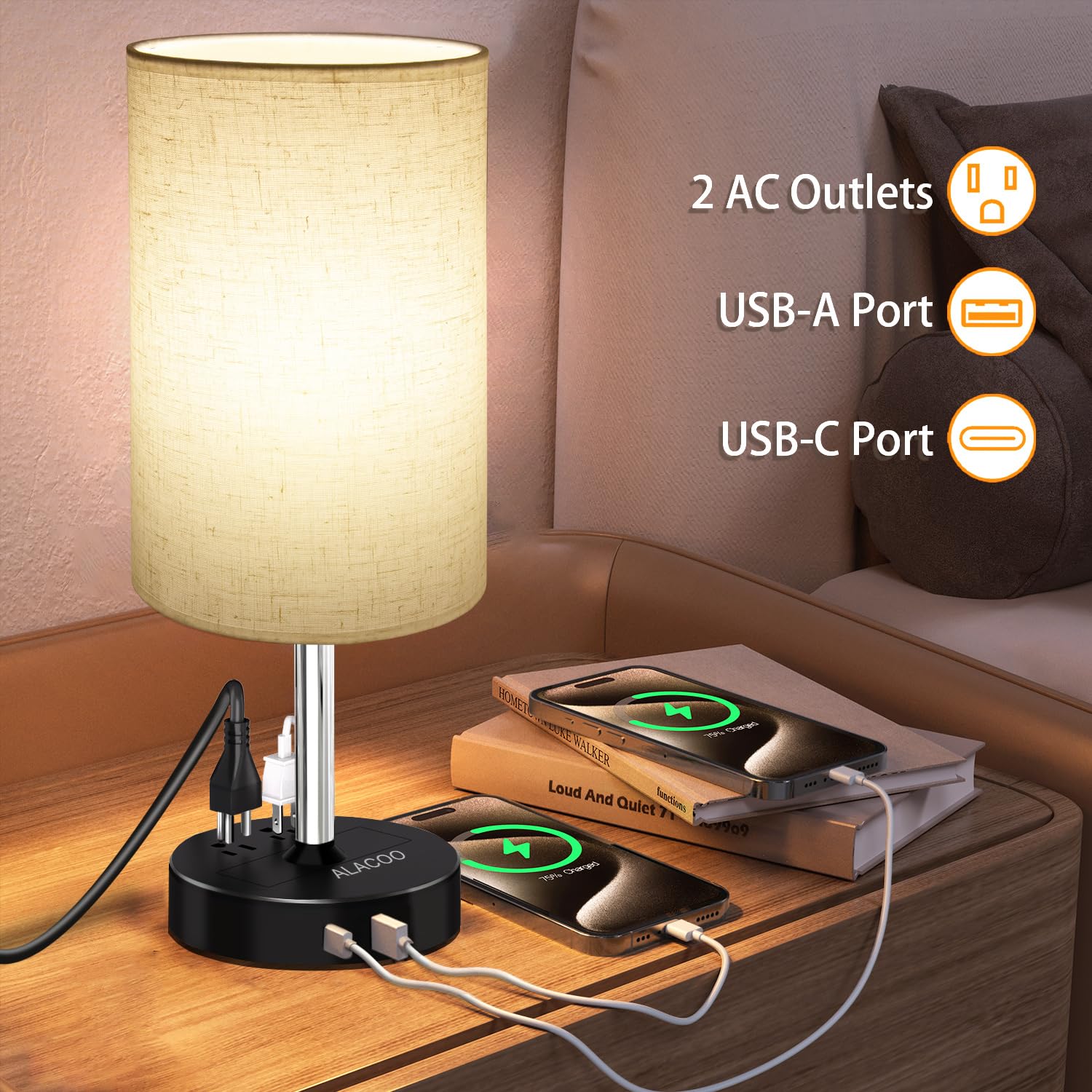 Bedside Lamp Touch Control Table Lamp With Usb C + A Charging Port & 2Ac Outlet 3-Way Dimmable Bedside Nightstand Lamps With Rou
