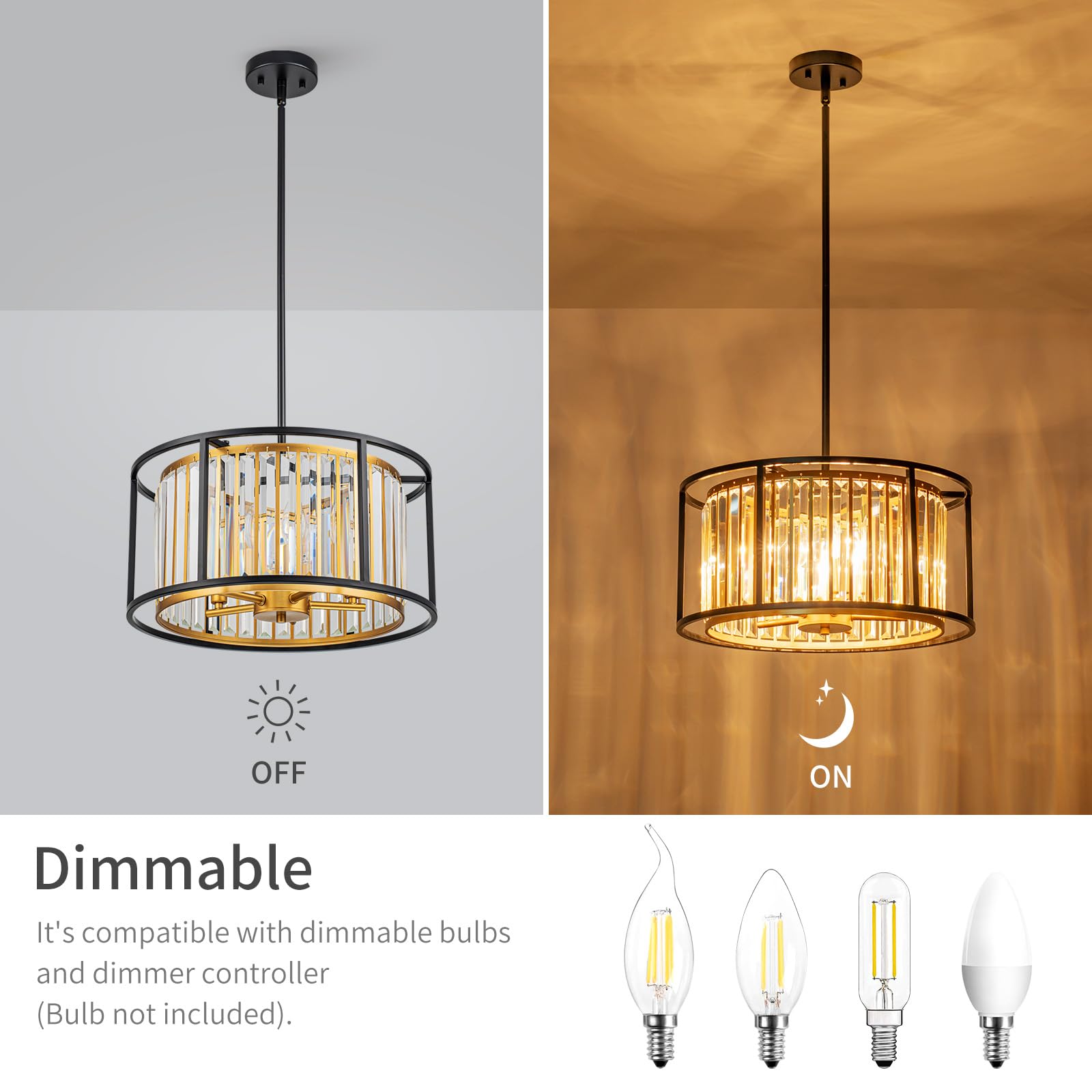 Lumfurn 5-Lights Crystal Drum Chandeliers, 2-Layer Modern Pendant Light Fixture For Dining Room, Living Room, Bedroom, Adjustabl