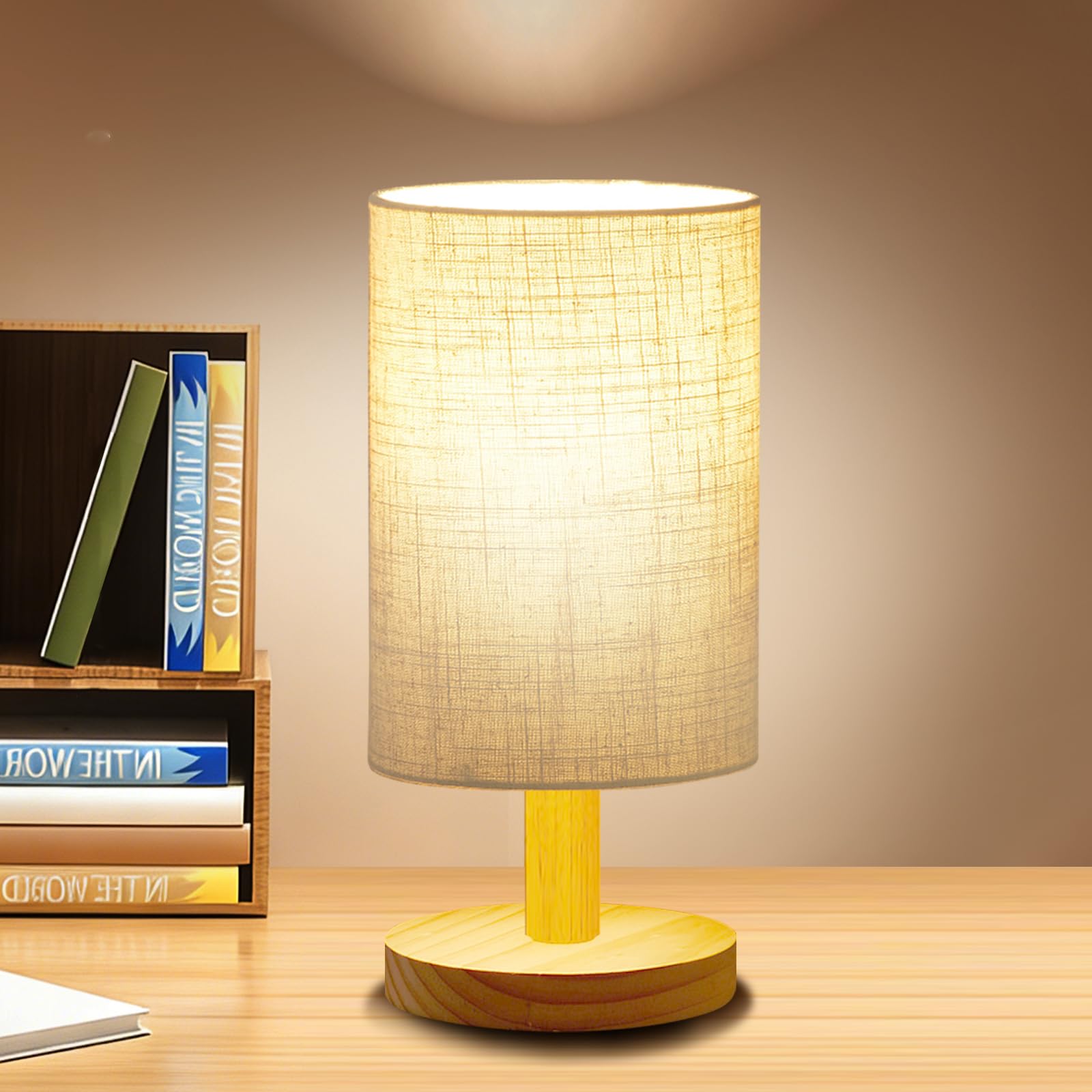 pickrelax Small Table Lamp for Bedroom - Inline Control, Bedside Lamp for Warm Light LED Desk Lamp, Wood Base Round Flaxen Fabri