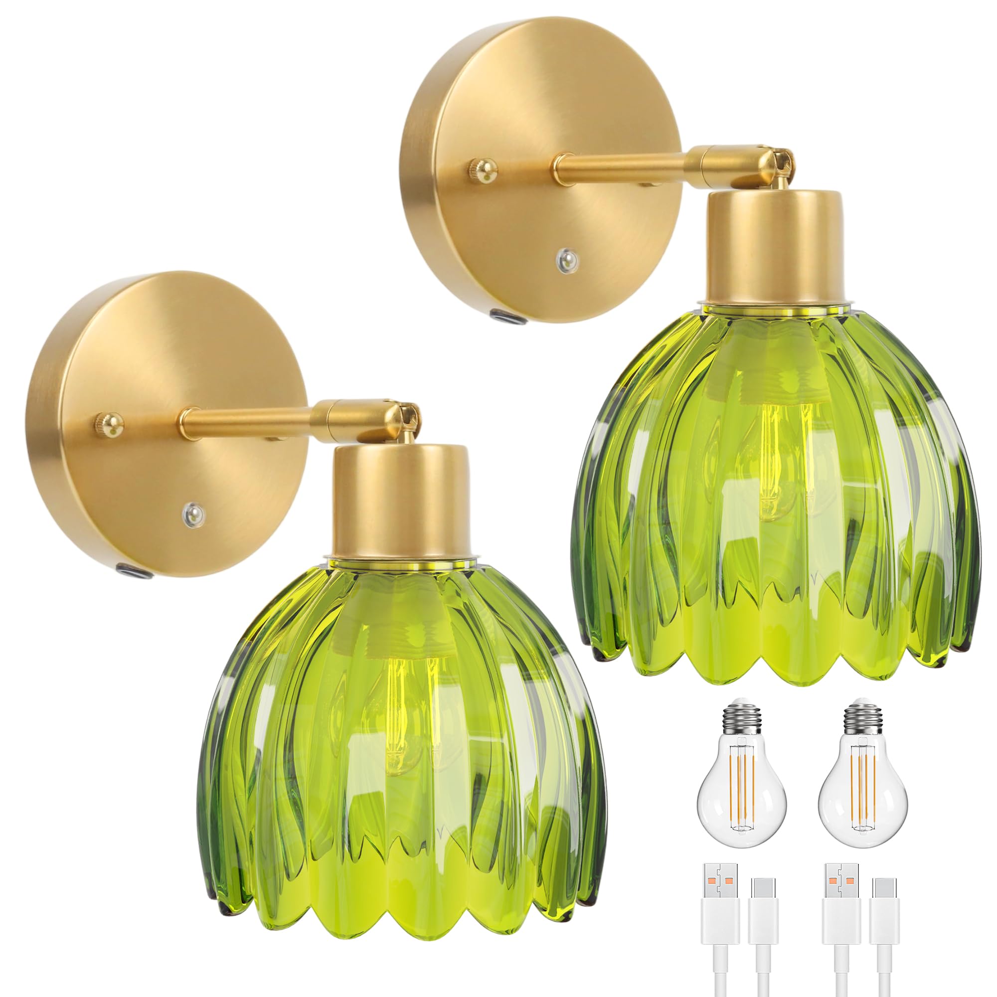 LGMCF Rechargeable Battery Operated Wall Sconce - 8000mAh Battery Operated Wall Sconce with Green Glass Tulip Lampshade, for Cor