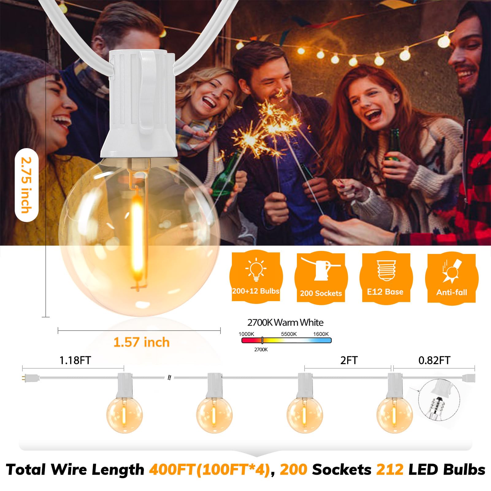 Achin Outdoor String Lights White 400Ft(100Ft*4) Patio Lights Outdoor Waterproof With 212 Led Bulbs(12 Spare) Shatterproof G40 G