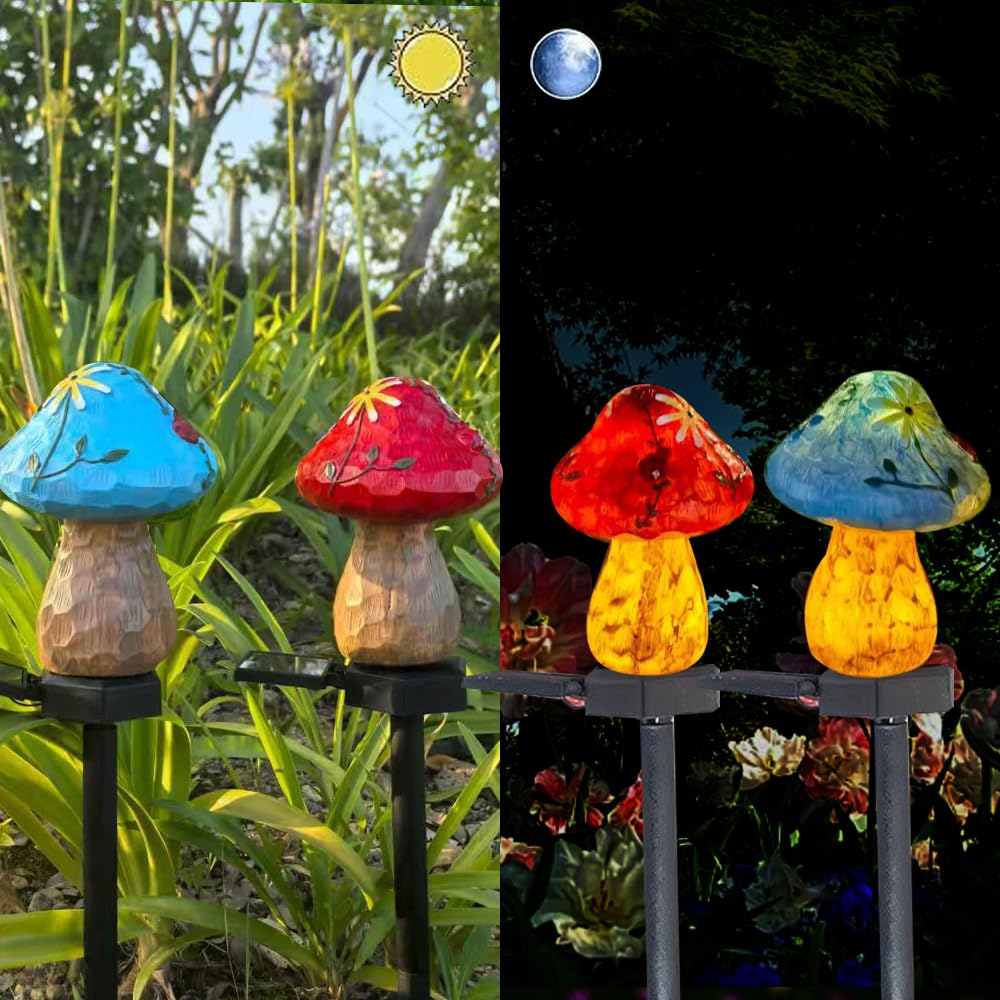 YZYOE 2 Pack Solar Powered Red and Blue Mushroom Floor Lights, Garden Decorative Resin Cute Mushroom lamp, Wireless Dusk to Dawn