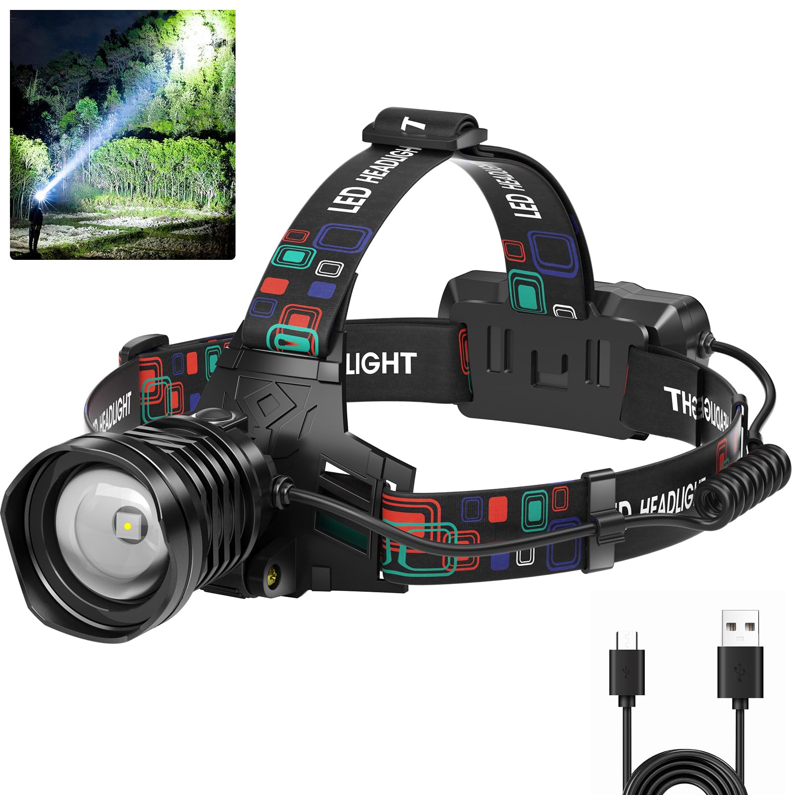 azamine Rechargeable Headlamp, 99000 Lumens, LED, 3 Modes, 90° Adjustable, IPX6 Waterproof, Black, Model P70-3