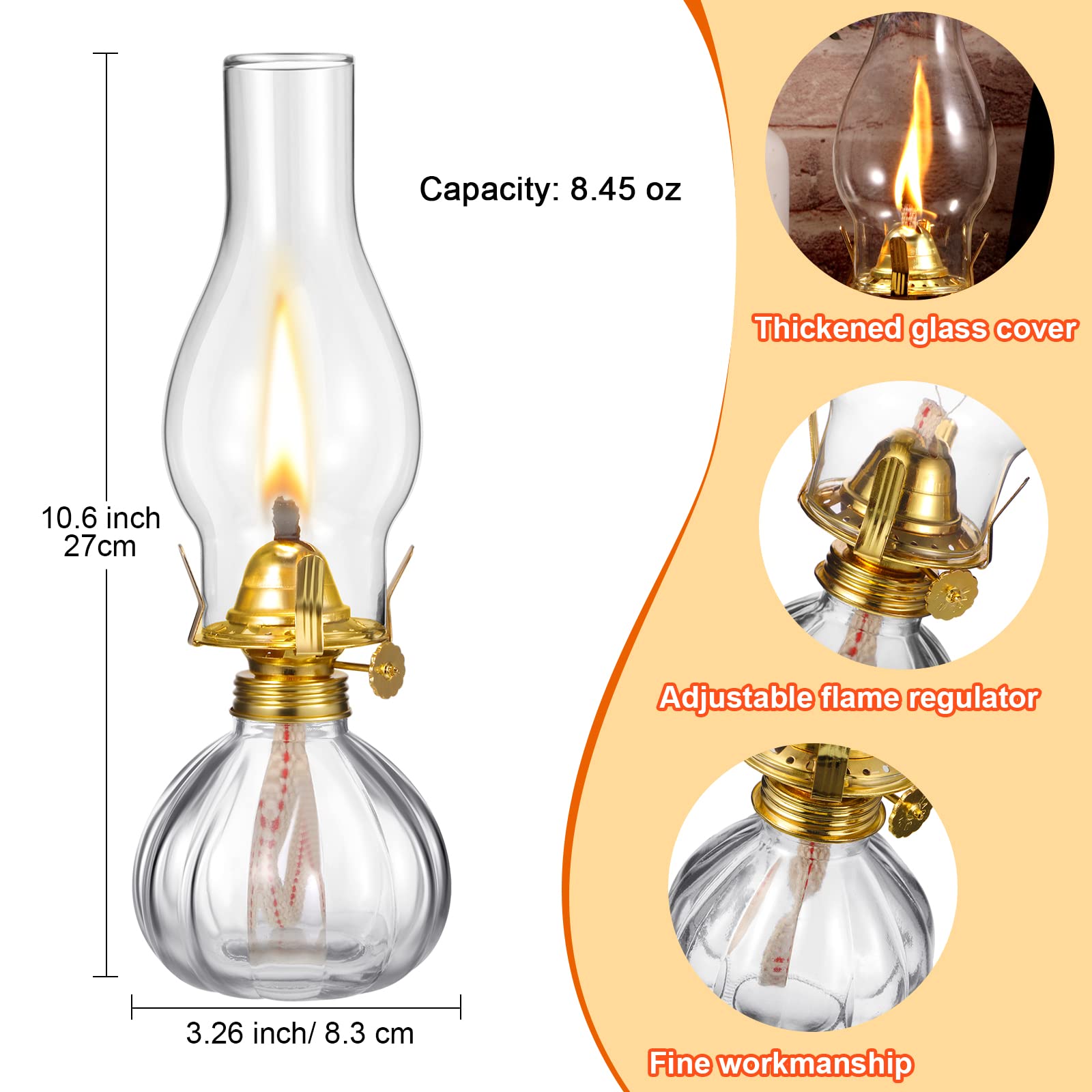 2 Pieces Chamber Oil Lamp, Vintage Glass Clear Kerosene Lamp Indoor Decorative Hurricane Lamp Oil Lantern For Tabletop Decor And Emergency Lighting (Retro Style)