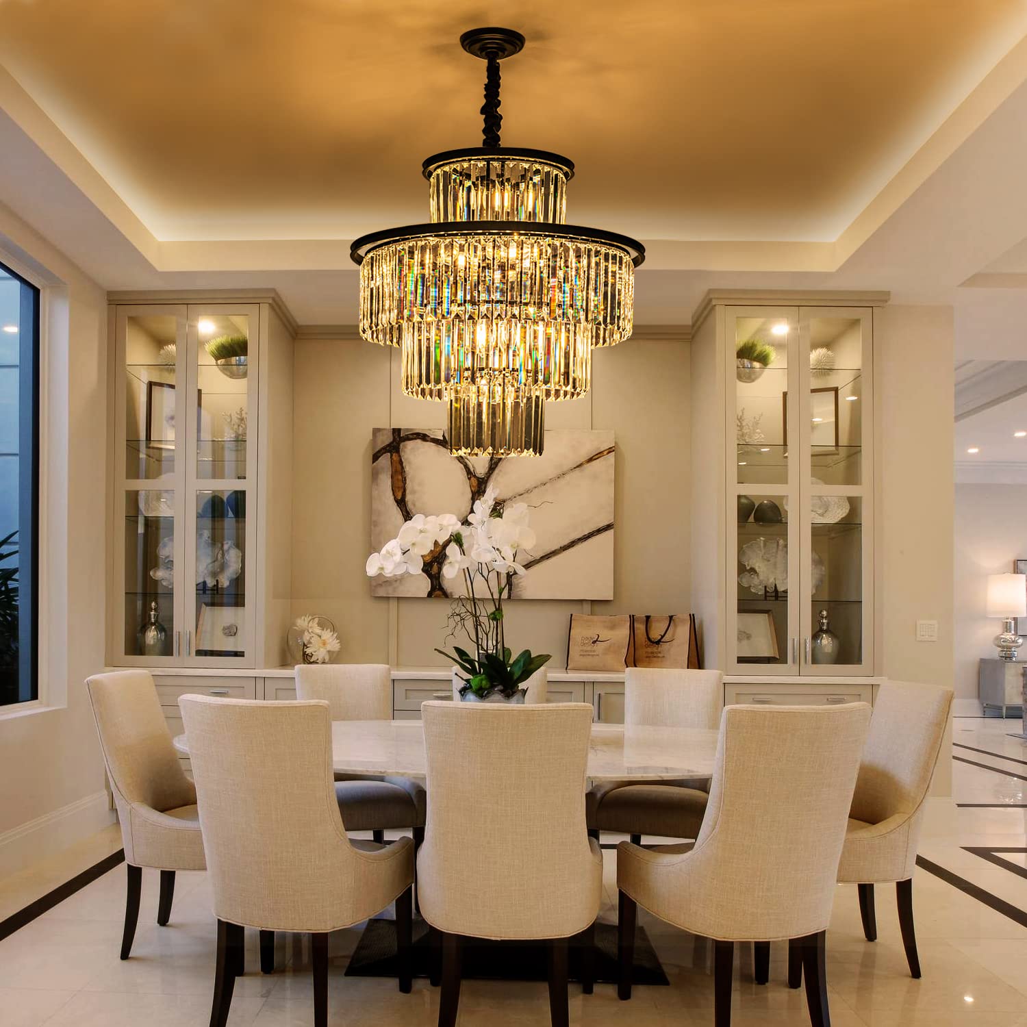 Lighceac 23" 14-Light Modern Crystal Chandelier Light Fixtures 4-Tier Black Luxury Chandeliers For Dining Room Round Hanging Pendant Lighting For Living Room Kitchen Entryway Bedroom Foyer Hallway