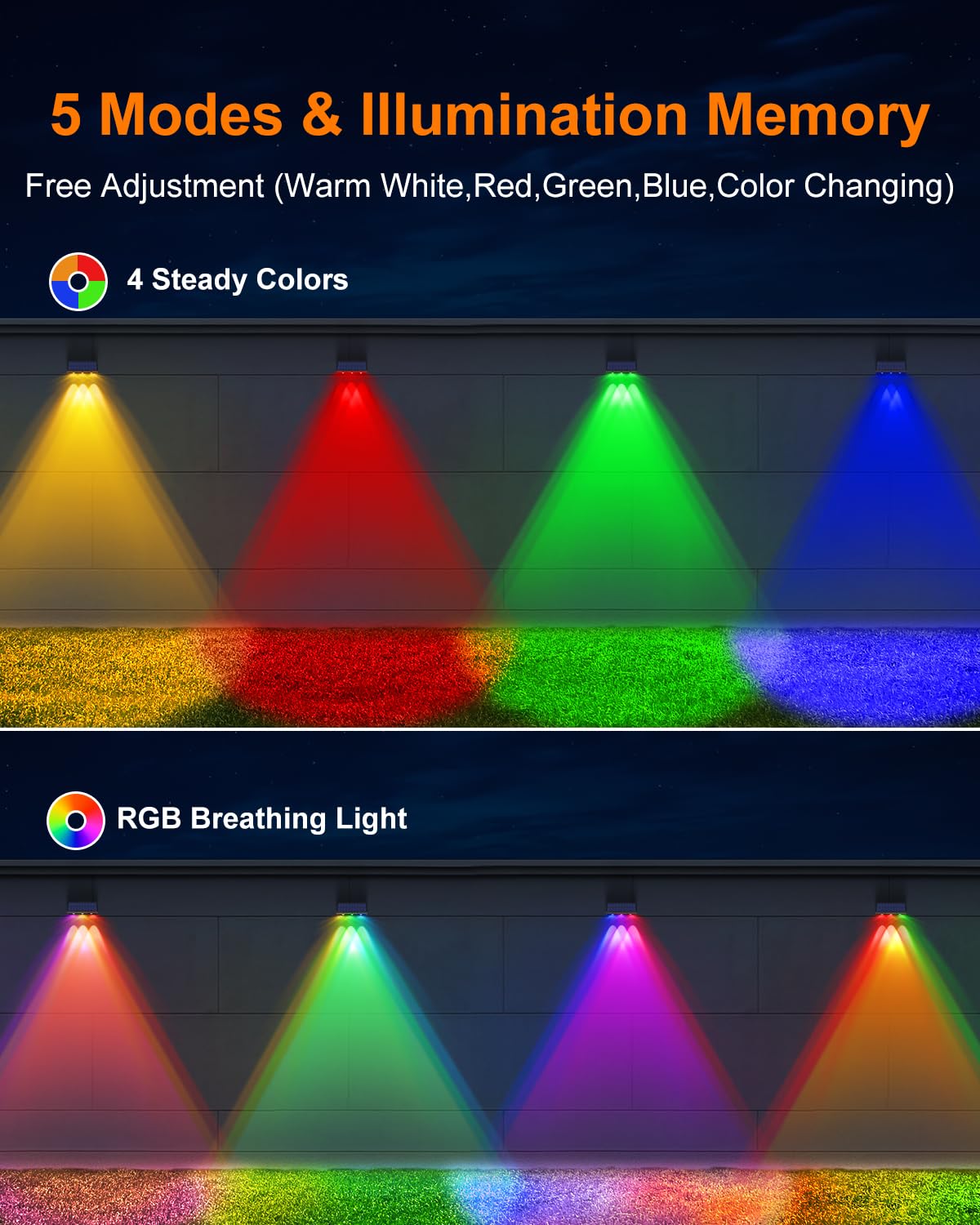 GVSHINE 8 Pack Color Changing Solar Fence Lights - LED Waterproof Yard Lamps, RGB & Warm White, Ideal for Outdoor Use