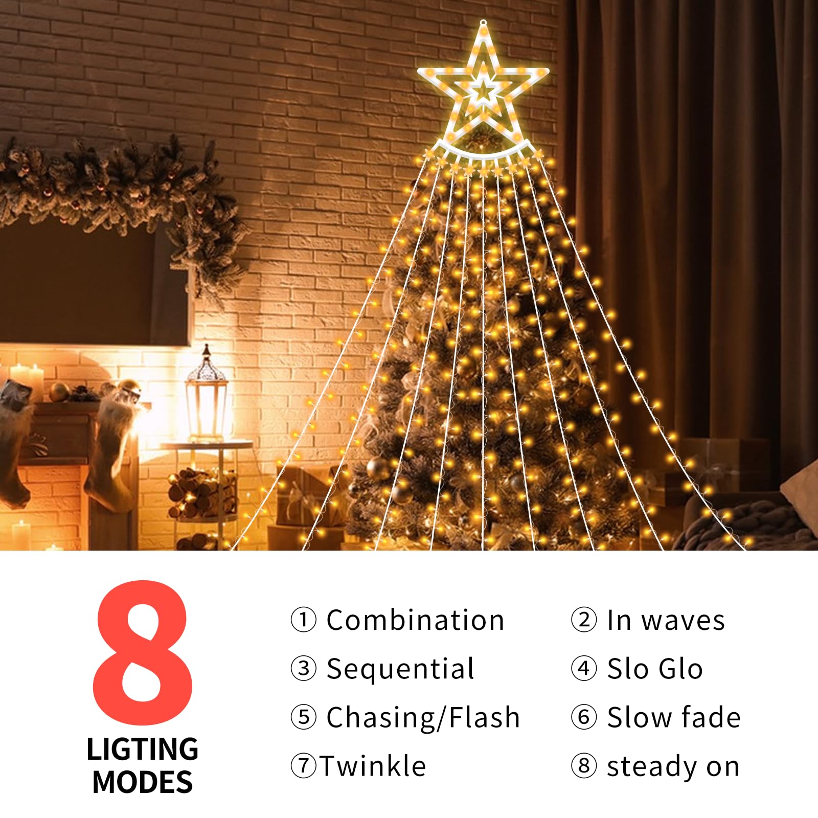 VTZNOJ 350 LED Star String Lights - Waterproof, 8 Light Modes, Remote & Timer, Warm White, Model CM-123