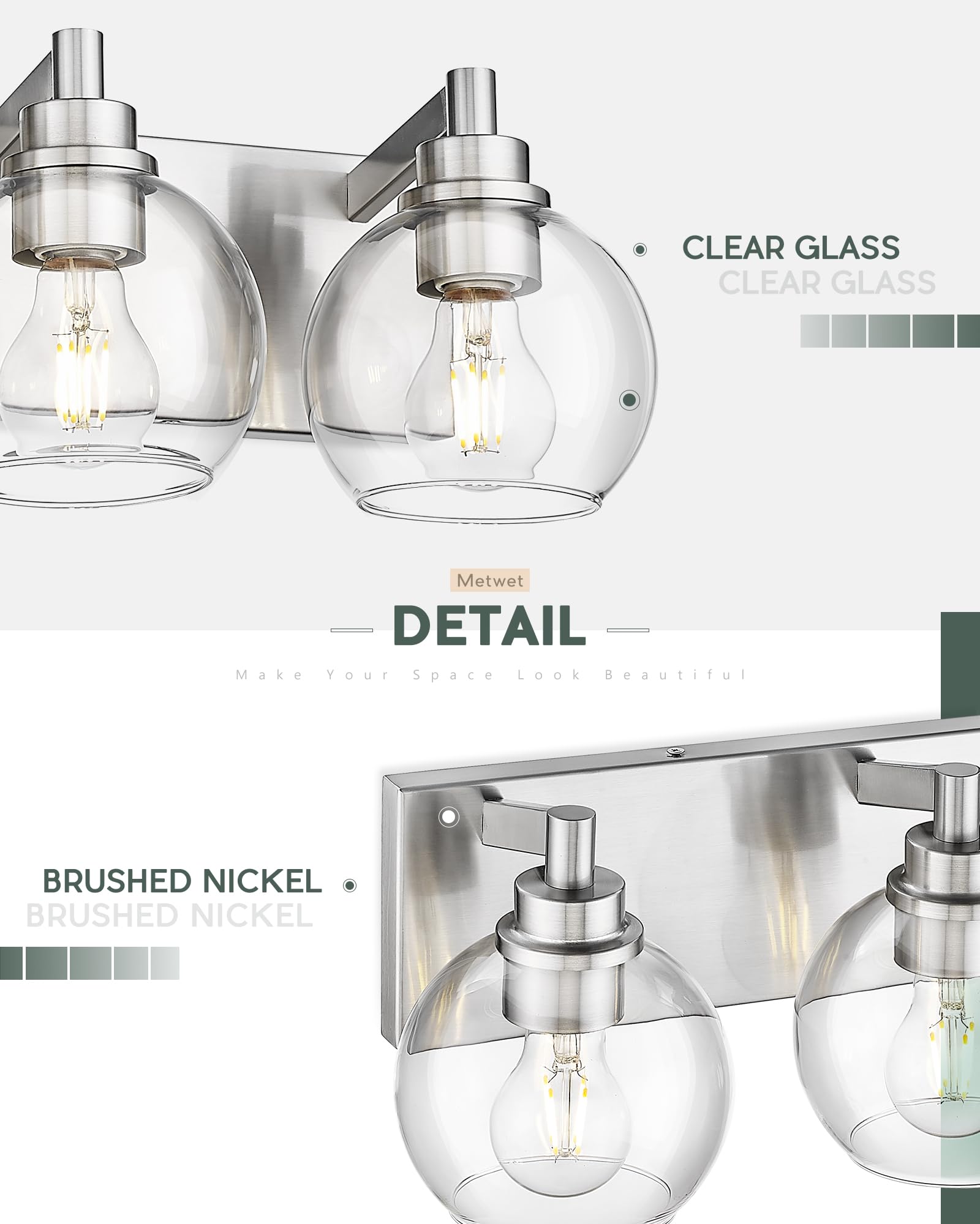 Metwet Bathroom Light Fixtures, 4 Light Brushed Nickel Vanity Light, 26 Inch Modern Wall Sconces With Globe Clear Glass Shade, V