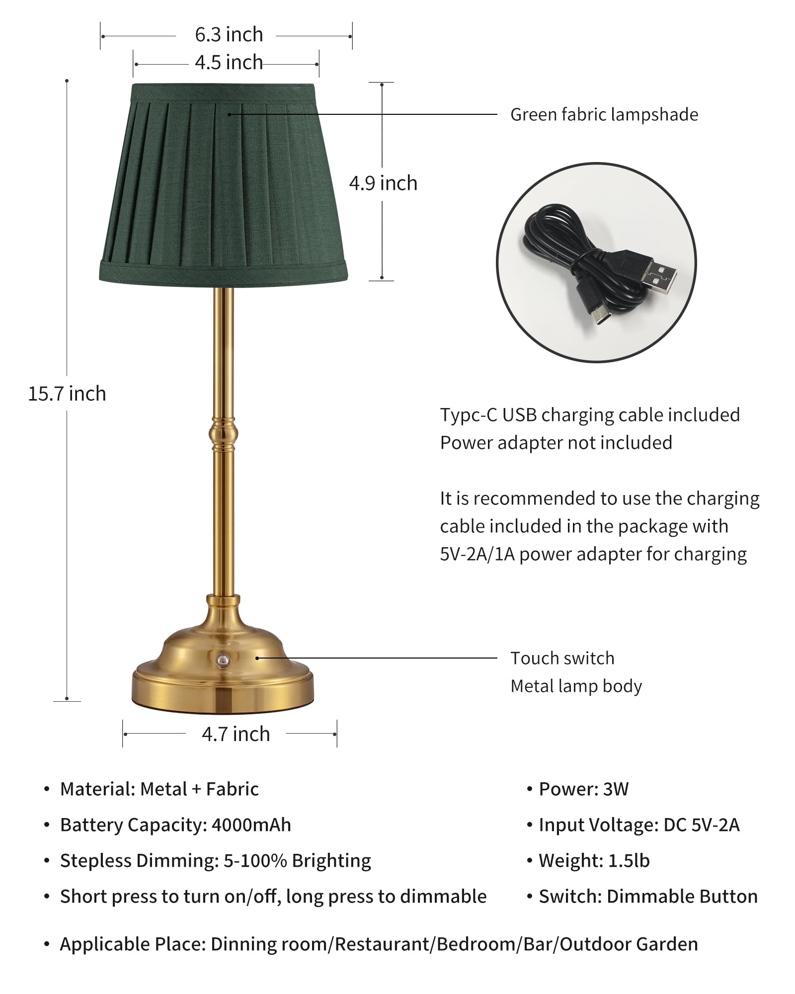 Kdg Cordless Led Table Lamp Set Of 2  Portables Fabric Shade Desk Lamps  4000Mah Rechargeable Battery Powered Lighting  Dimmable Light For Dining Room  Bedroom  Bedside  Night Light  Balcony (Green)