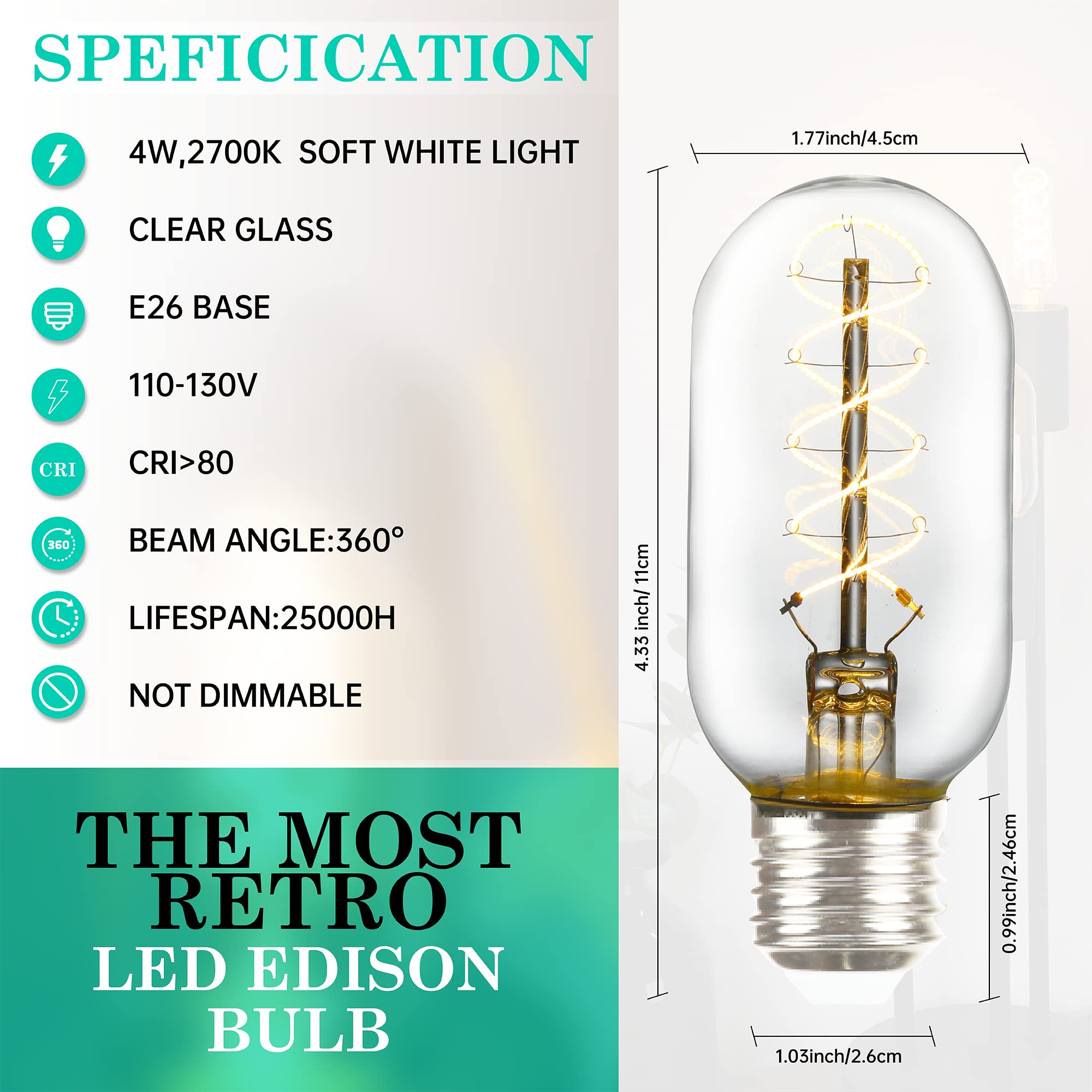 Amdtu Vintage Led Edison Bulb Super Thin Spiral Filament 2700K Soft White, Non-Dimmable T45 Incandescent Tubular Light Bulb 40 W