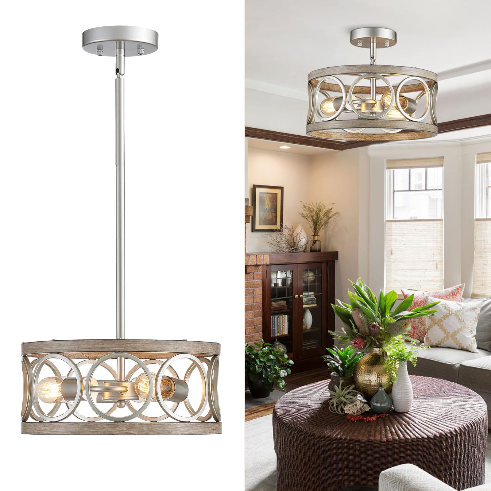 Peskoe Modern Chandelier, 13'' Farmhouse Pendant Light Dining Room Light Fixtures, Ceiling Light For Bedroom Living Room Kitchen, 3-Light Nickel And Wood Grain Metal Hanging Lamp