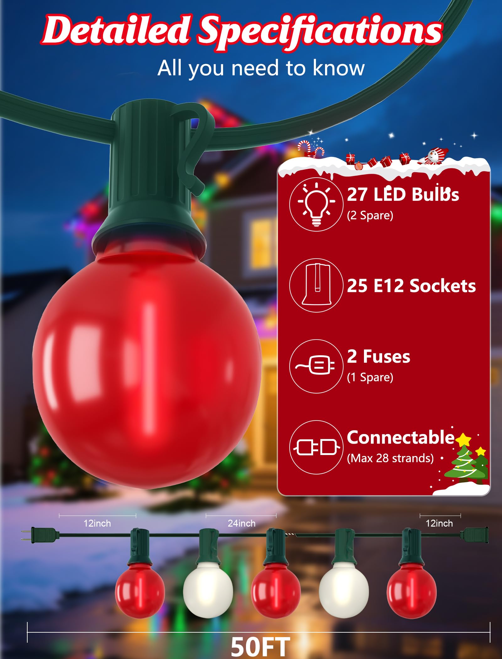 SUNSGNE G40 LED Christmas Globe Lights - 50FT Frosted Red & White Bulbs for Indoor/Outdoor Holiday Decor, Model ULP(7)-LR(25)(0.6W