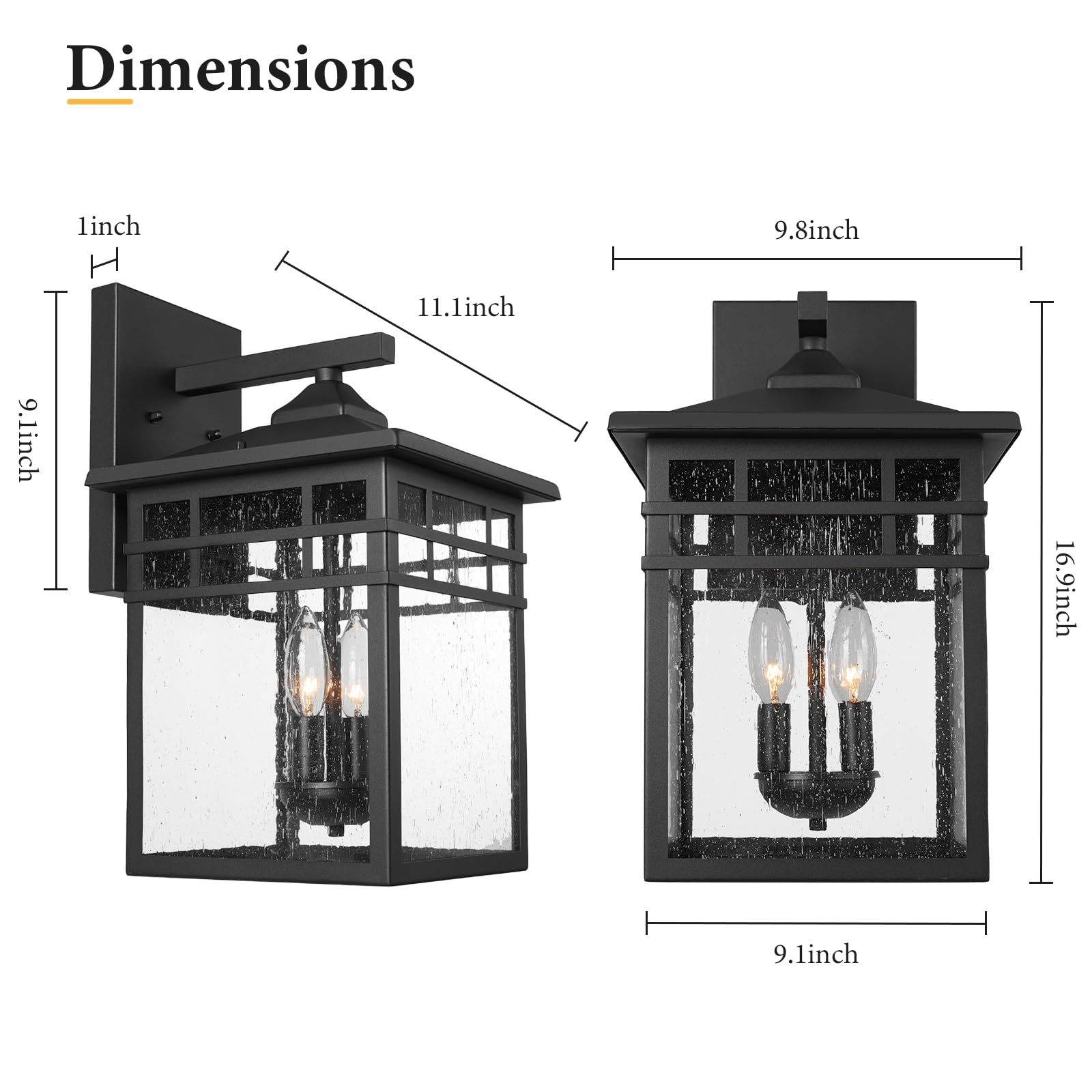 Diyel Outdoor Light Fixture Wall Mount, Black Exterior Light Fixture Wall Sconces With Seeded Glass For Front Porch, Large Water