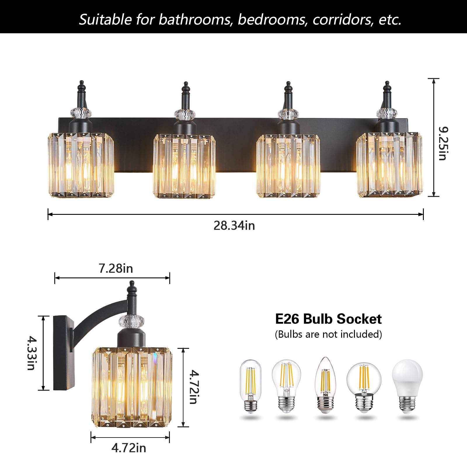 BBLLWJ Crystal Vanity Lights - 4-Light Modern Bathroom Fixture Over Mirror, Black, Model 655