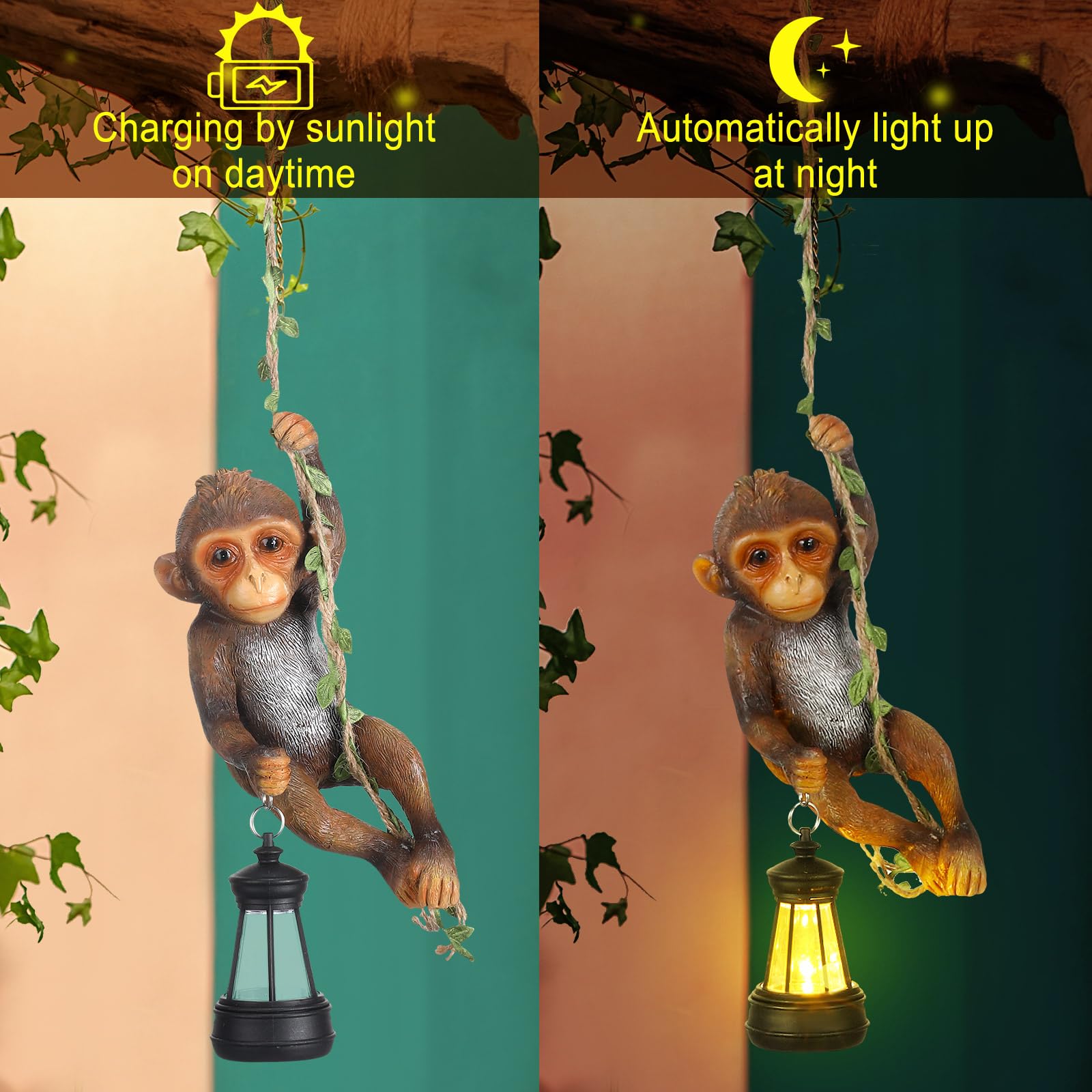 Rossesay Solar Light Outdoor Statues 7.48'' H Resin Chimpanzee Baby Monkey Climbing On A 19.68'' L Vine With Led Lantern Waterpr