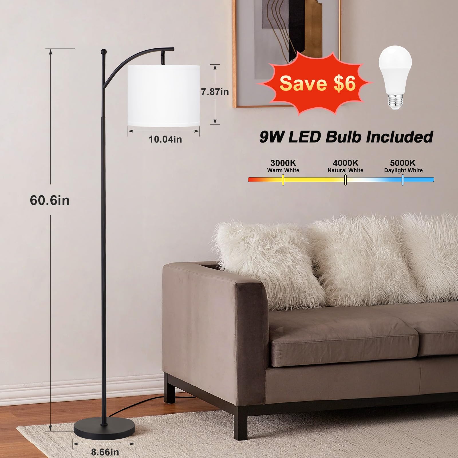 60&quot; Floor Lamps For Living Room With 3 Color Temperatures, Adjustable White Shade With Black Pole, Tall Lamps For Living Room Bedroom Office Classroom Dorm Room, 9W Bulb Included