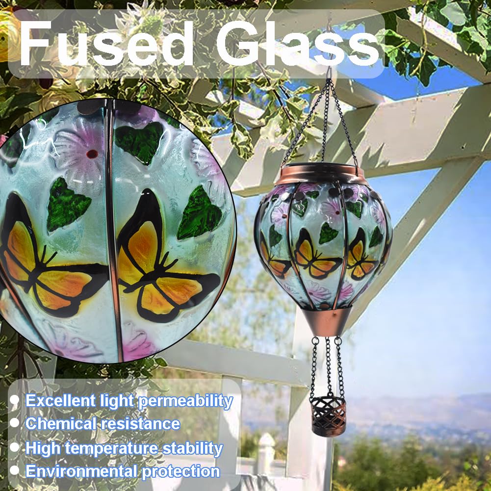 Teyigarden Hot Air Balloon Solar Lantern With Flickering Flame, Glass Hanging Garden Lights Outdoor Waterproof For Tree Yard Patio Mother'S Day Gift, 18&quot; H Butterfly