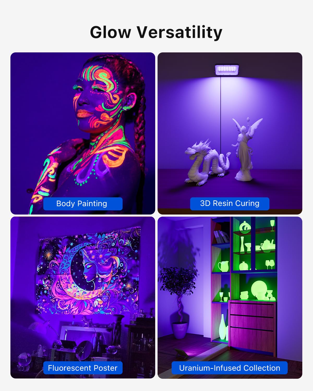 FALOVE 4 Pack 50W Blacklight Flood Lights, IP66 Waterproof UV LED, Violet, Model WG0504-WRGB for Glow Parties & Fluorescent Decor