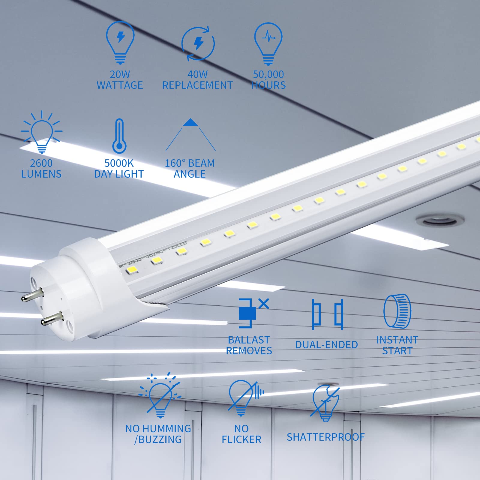 Ghiuop 25-Pack T8 LED Bulbs, 4ft Daylight White 5000K, 20W, Clear Cover, Ballast Bypass, Dual-end Powered, Aluminum
