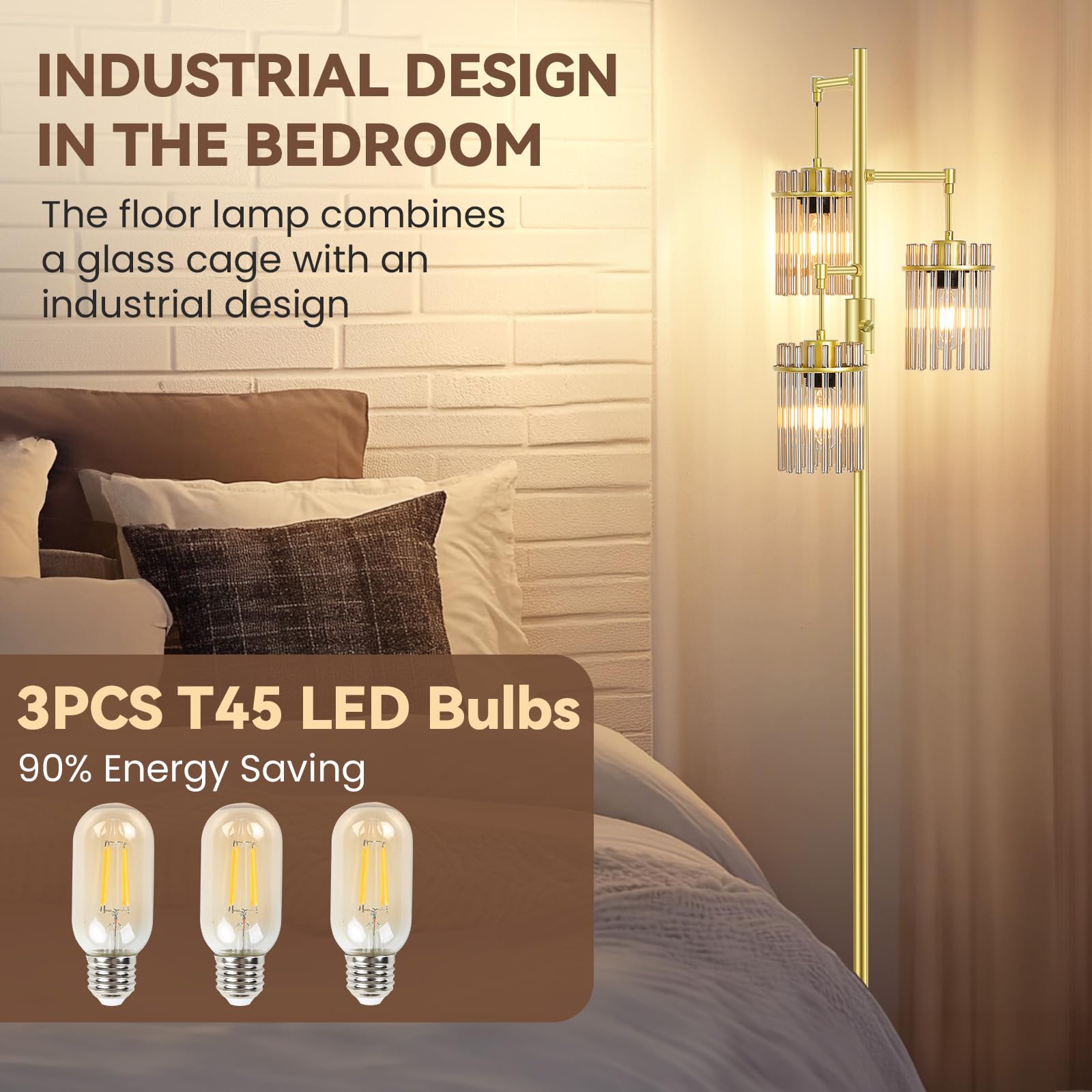 VOUTOORO Dimmable Glass Floor Lamp - 65" Tall, Black, Teardrop Cage Head, 800 Lumens LED, Model FL230501-001