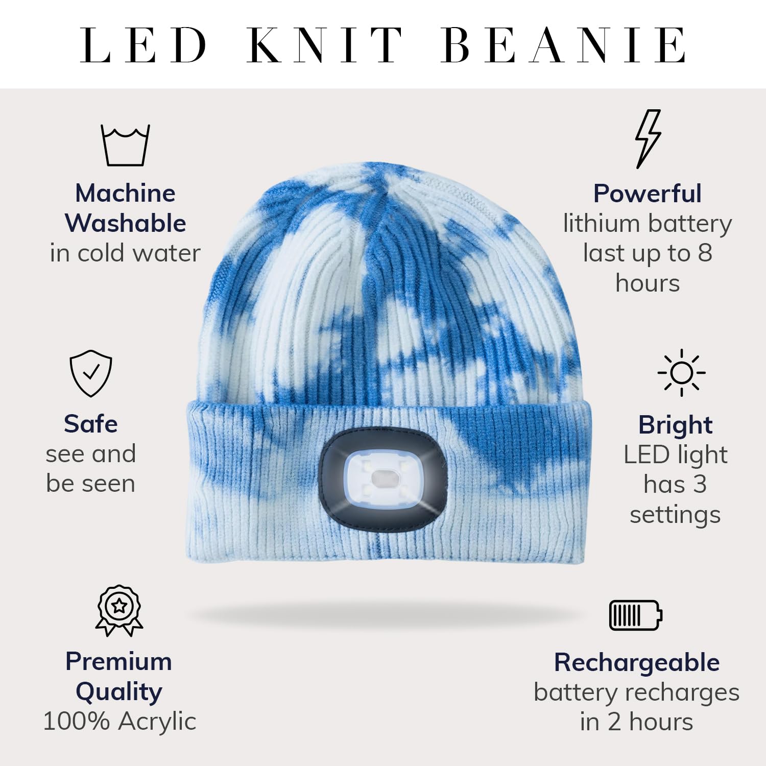 Head Lightz Headlightz By Roq Innovation - Beanie With Light, Unisex Led Beanie Hat With Light Built In, Rechargeable, Blue Tie