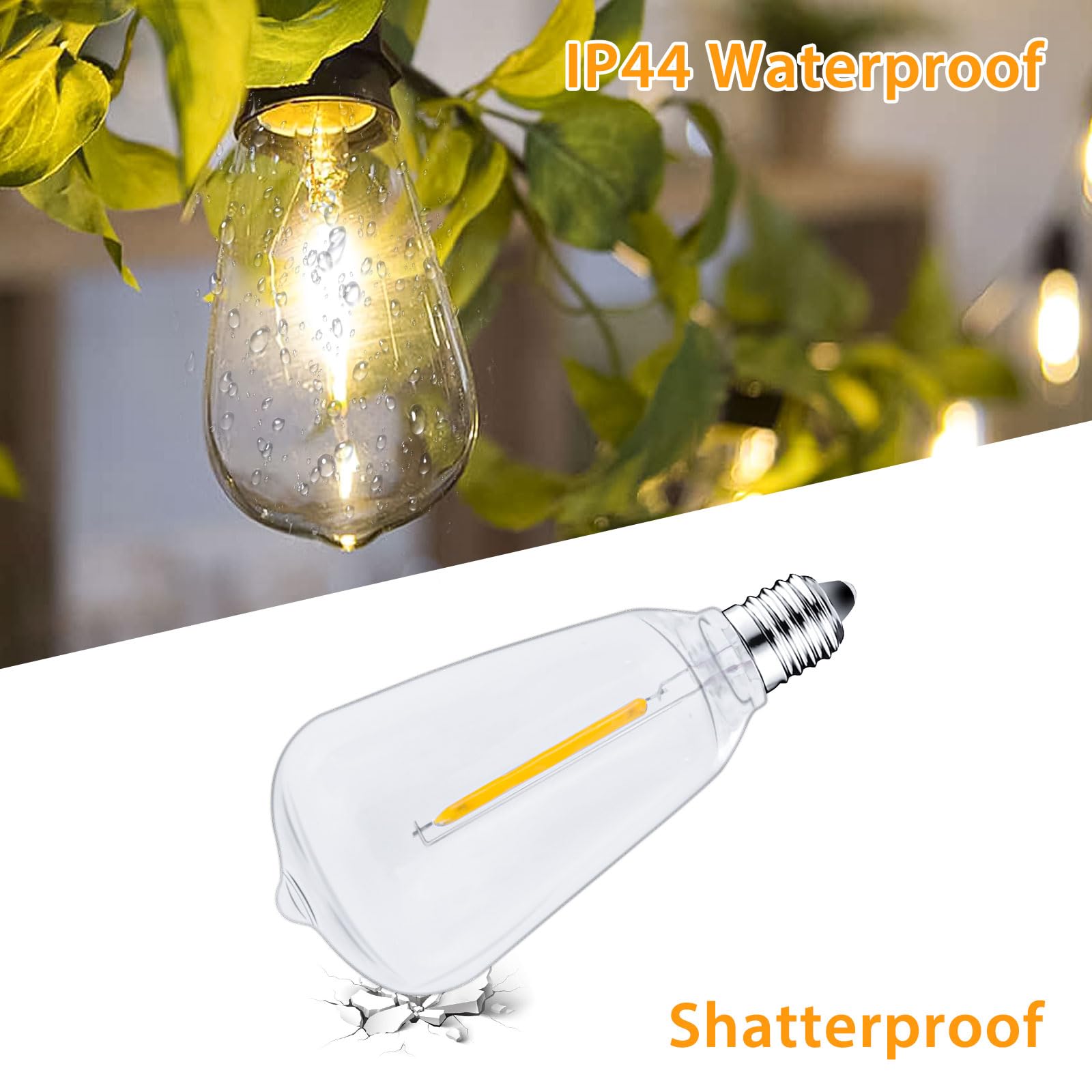Filltown ST38 LED Edison Bulbs - 50 Pack, 0.6W E12 Base, 2700K Warm White, Dimmable, Shatterproof, Waterproof, Clear