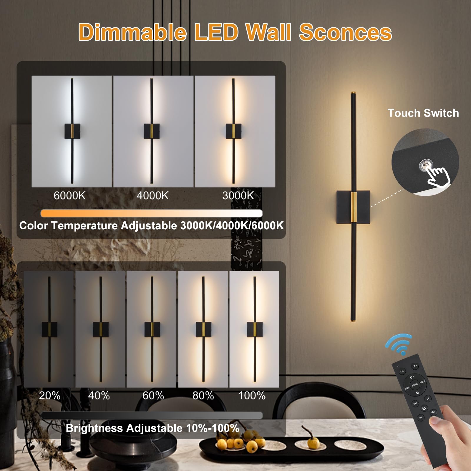 Led Wireless Wall Sconces Set Of Two Dimmable Battery Powered Wall Sconce With Remote Control 360Rotate Black Gold Cordless Usb