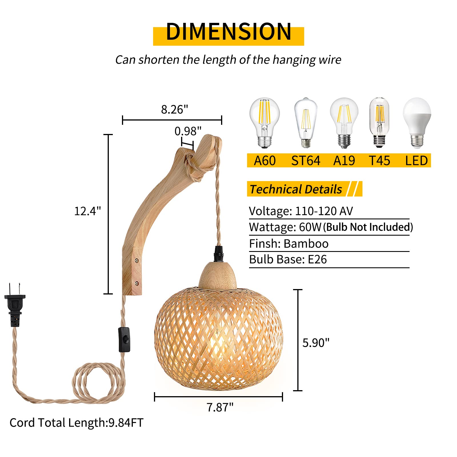 FRIDEKO Bamboo Lantern Wall Sconce, Wicker Plug-in Light, 7.87", Orange, Hand Woven Rattan, Rustic Boho Design for Living Room/Bedroom