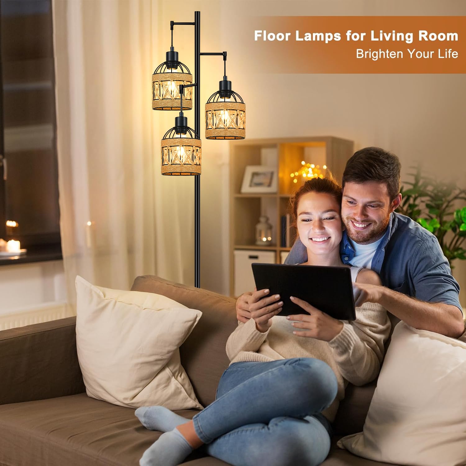 Qiyizm Floor Lamp For Living Room,Bedroom,3-Lights Boho Rattan Tree Floor Lights,Industrial Black Farmhouse Standing Lamp Wicker