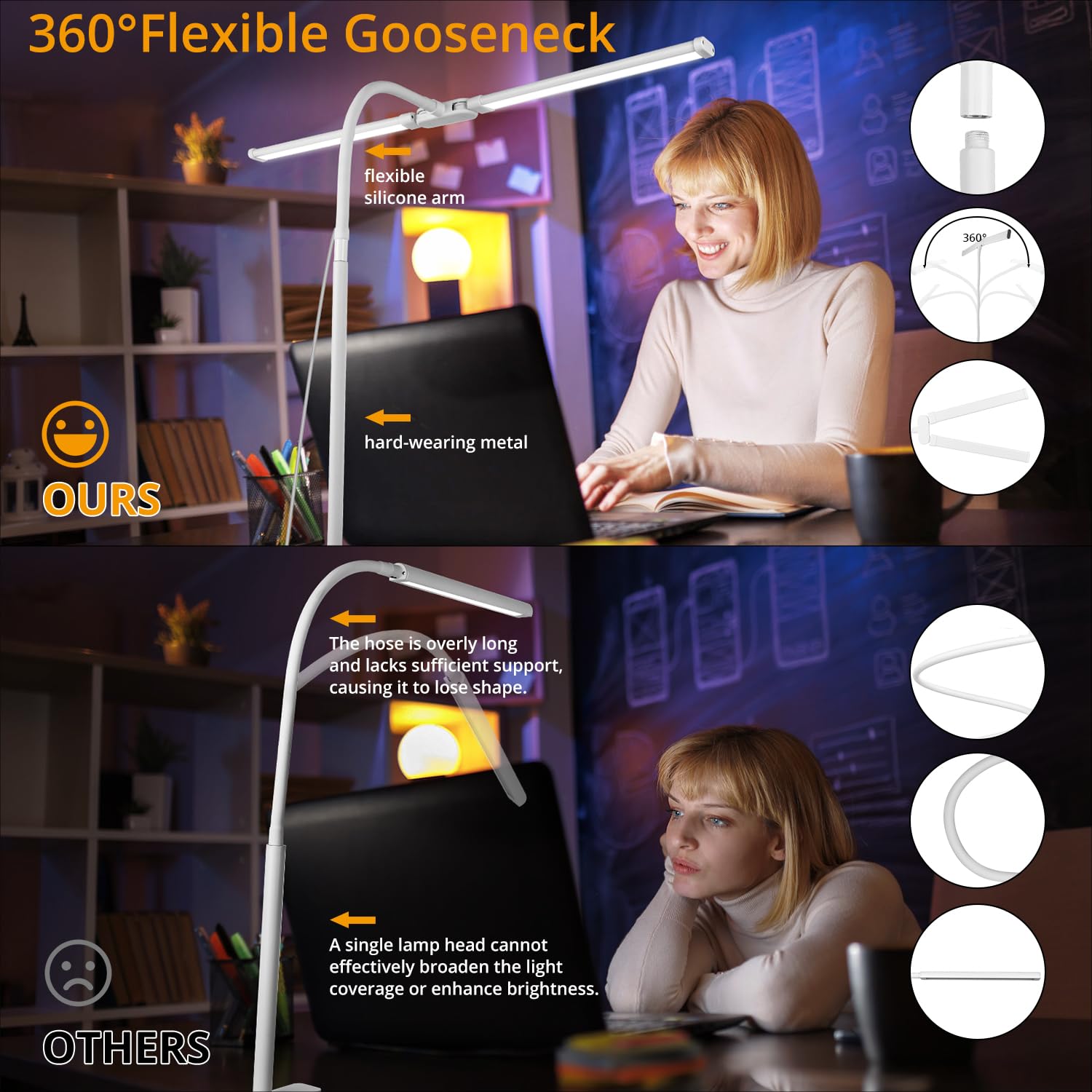 Desk Lamp with Clamp, with 5V 2A Adapter, LED Desk Lamp with Dual Head, 50 Light Modes, Computer Monitor Flexible Gooseneck Lamp