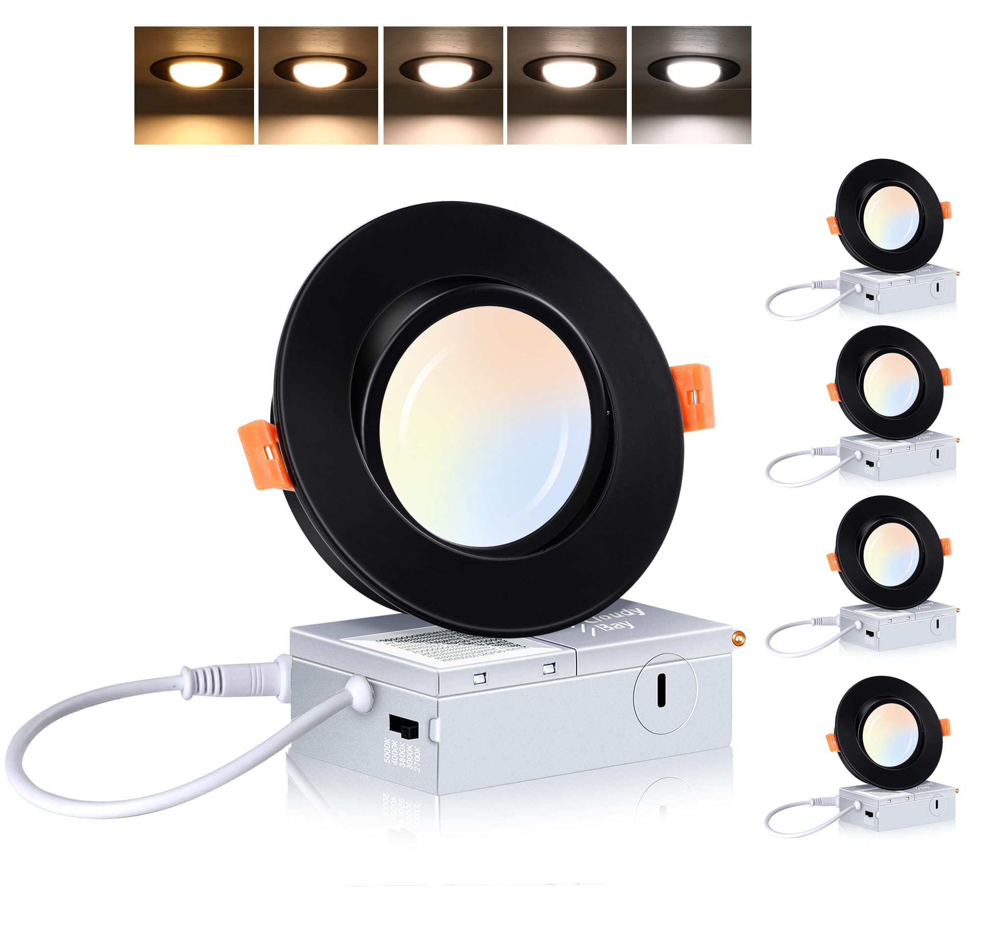 CLOUDY BAY [4 Pack] 4 inch 5 Color Swivel LED Gimbal Recessed Light with Junction Box IC Rated Air Tight,120V CRI90+,2700K/3000K
