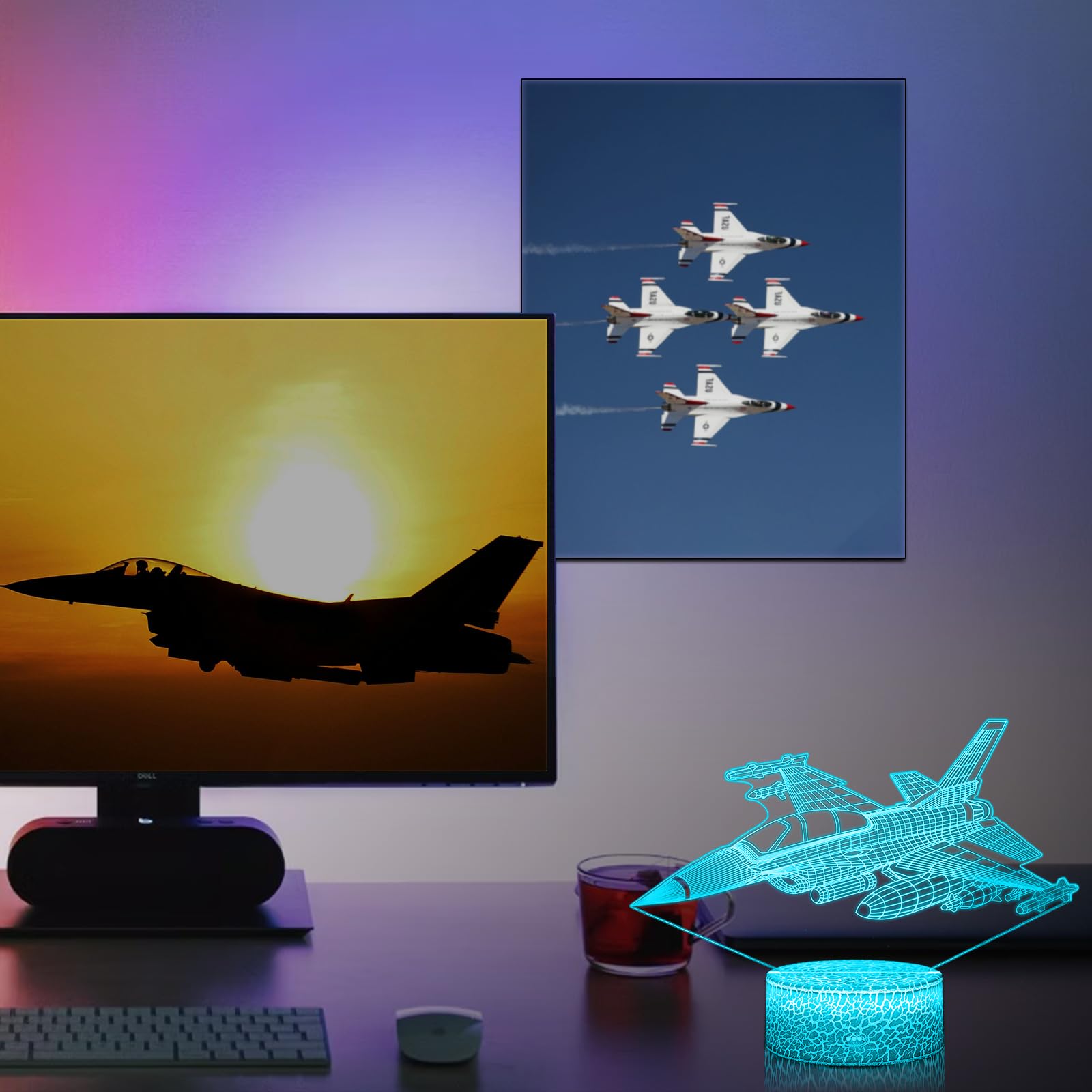 DAHEYMA Fighter Jet Night Light - 16 Colors LED, Touch & Remote Control, Dimmable, Model DHMFJET, Multicolor Room Decor