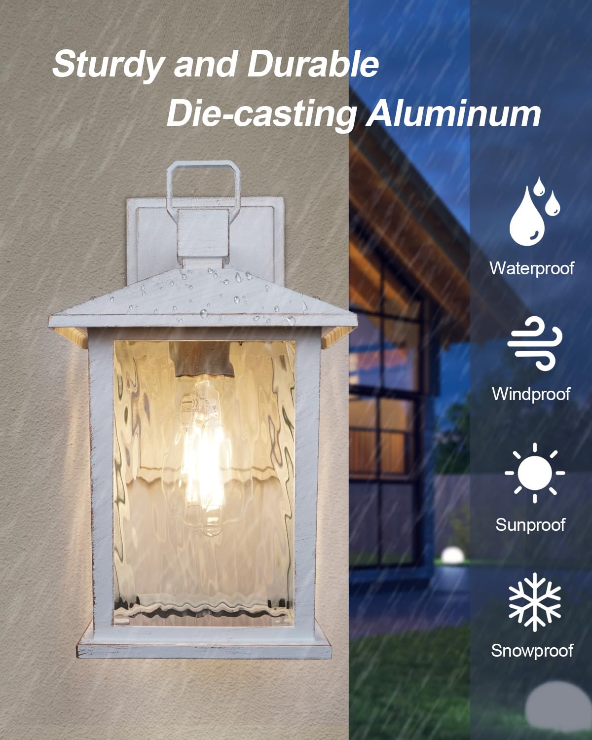 Zillsea Dusk To Dawn Outdoor Porch Light, Distressed White Exterior Lighting Fixture With Water Ripple Glass, Rustproof Waterpro