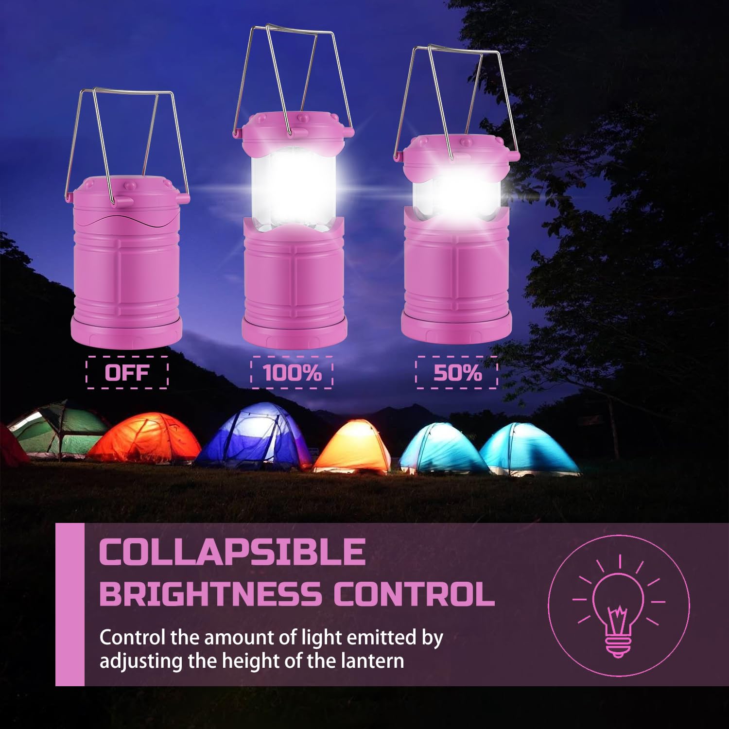 Lichamp 4 Pack Pink LED Camping Lanterns, Battery Powered, Super Bright, Collapsible, Model A4PK